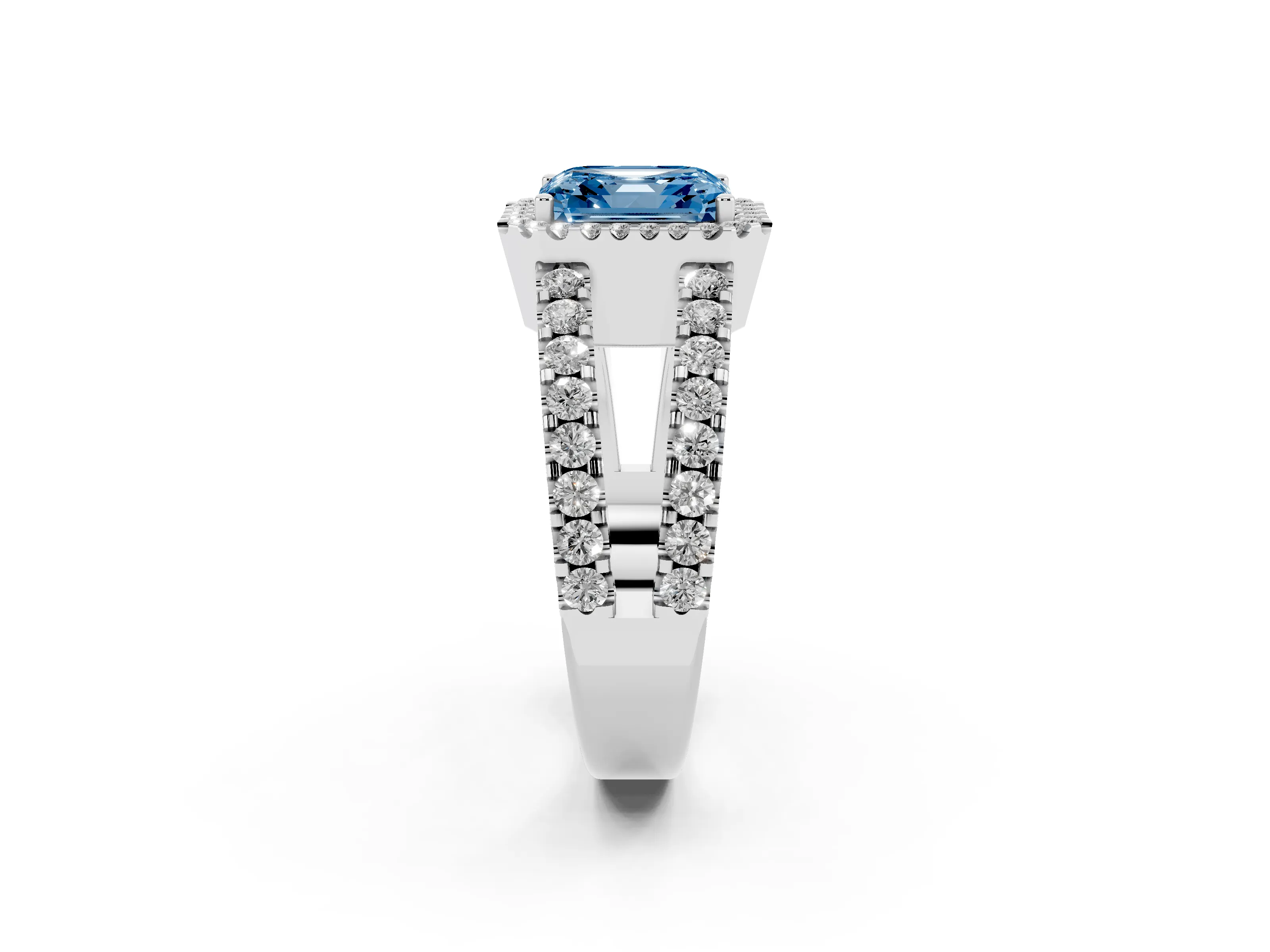 Fancy Blue Asscher Cut Diamond Halo Ring Set in Platinum with Pavé Split Shank and Prong Setting