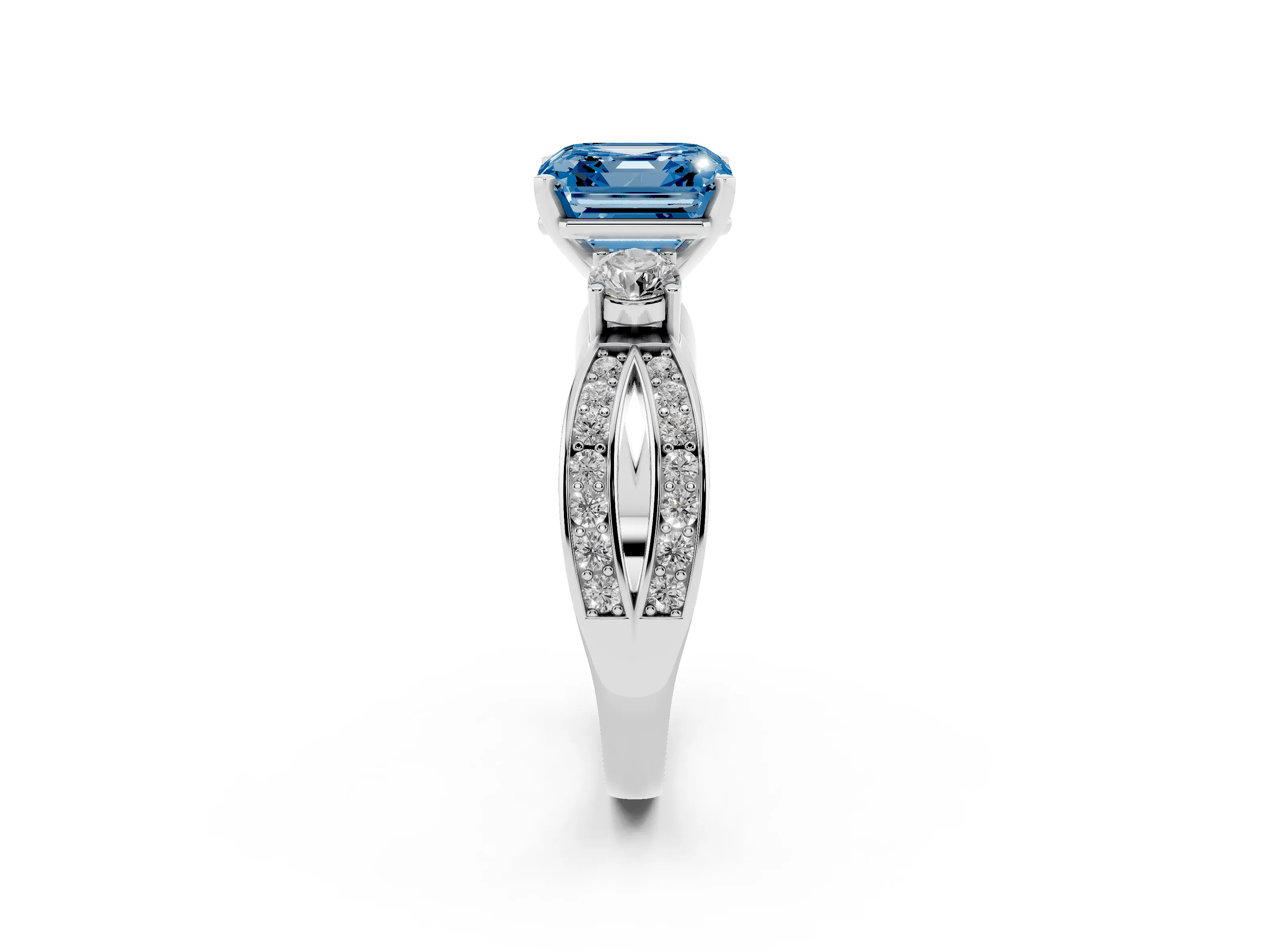 Fancy Blue Three-Stone Asscher Cut Diamond Twist Band Ring Set in Silver with Pavé Accents and Prong Setting
