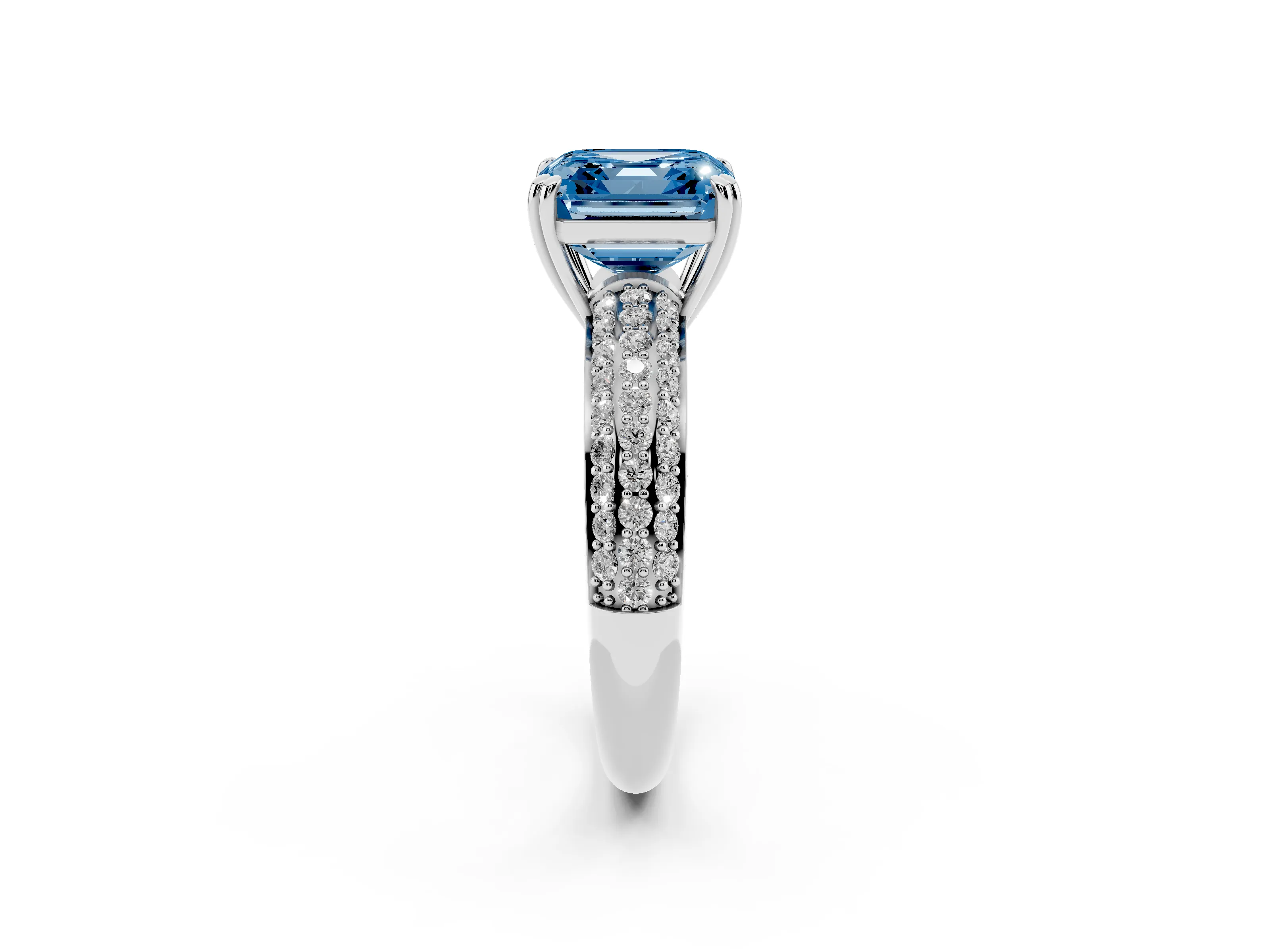 Fancy Blue Asscher Cut Diamond Solitaire Ring Set in Platinum with Multi-Row Round Pavé Band and Prong Setting