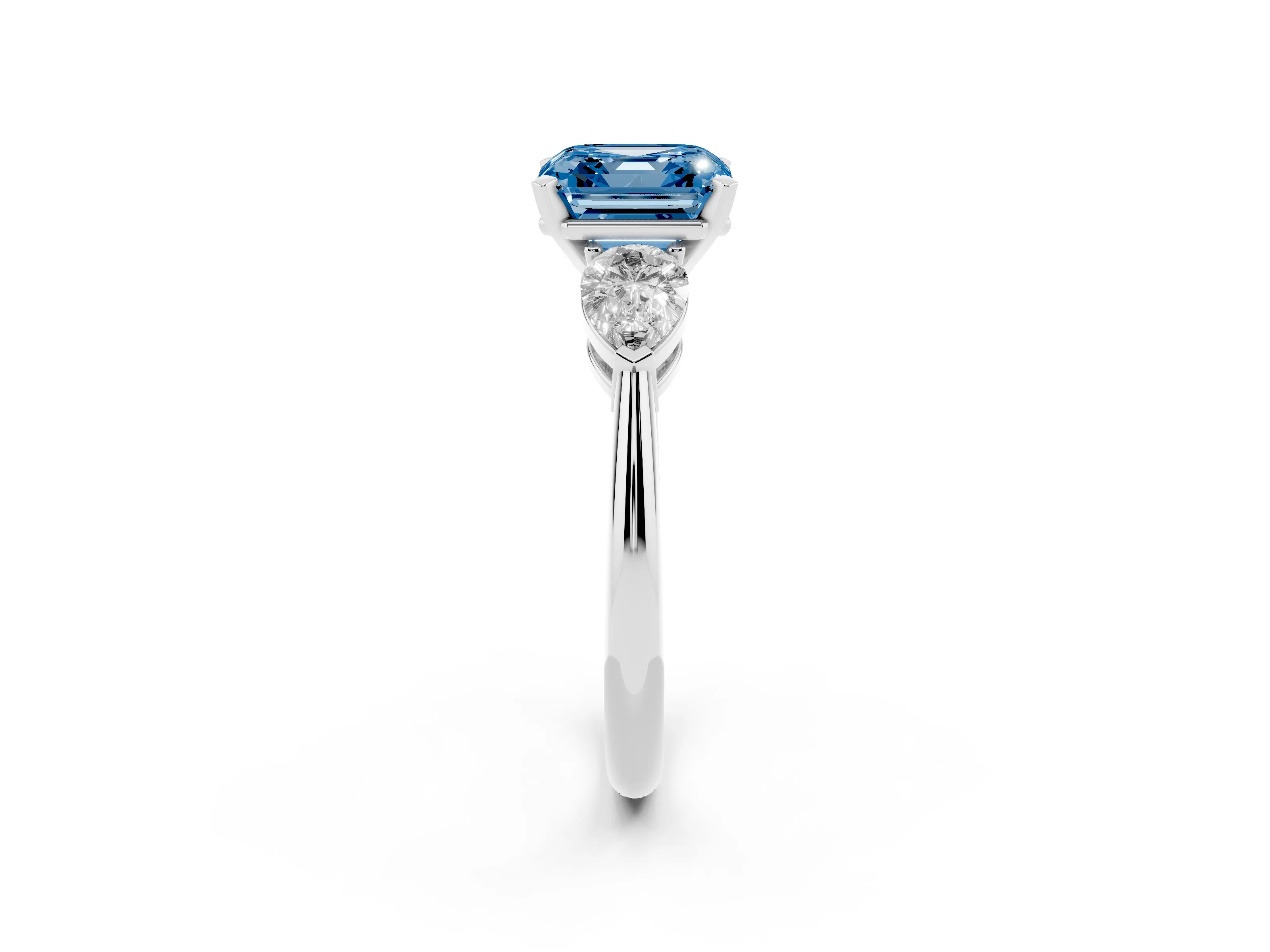 Fancy Blue Three-Stone Asscher Cut Diamond Ring Set in White gold with Pear Side Stones and Prong Setting