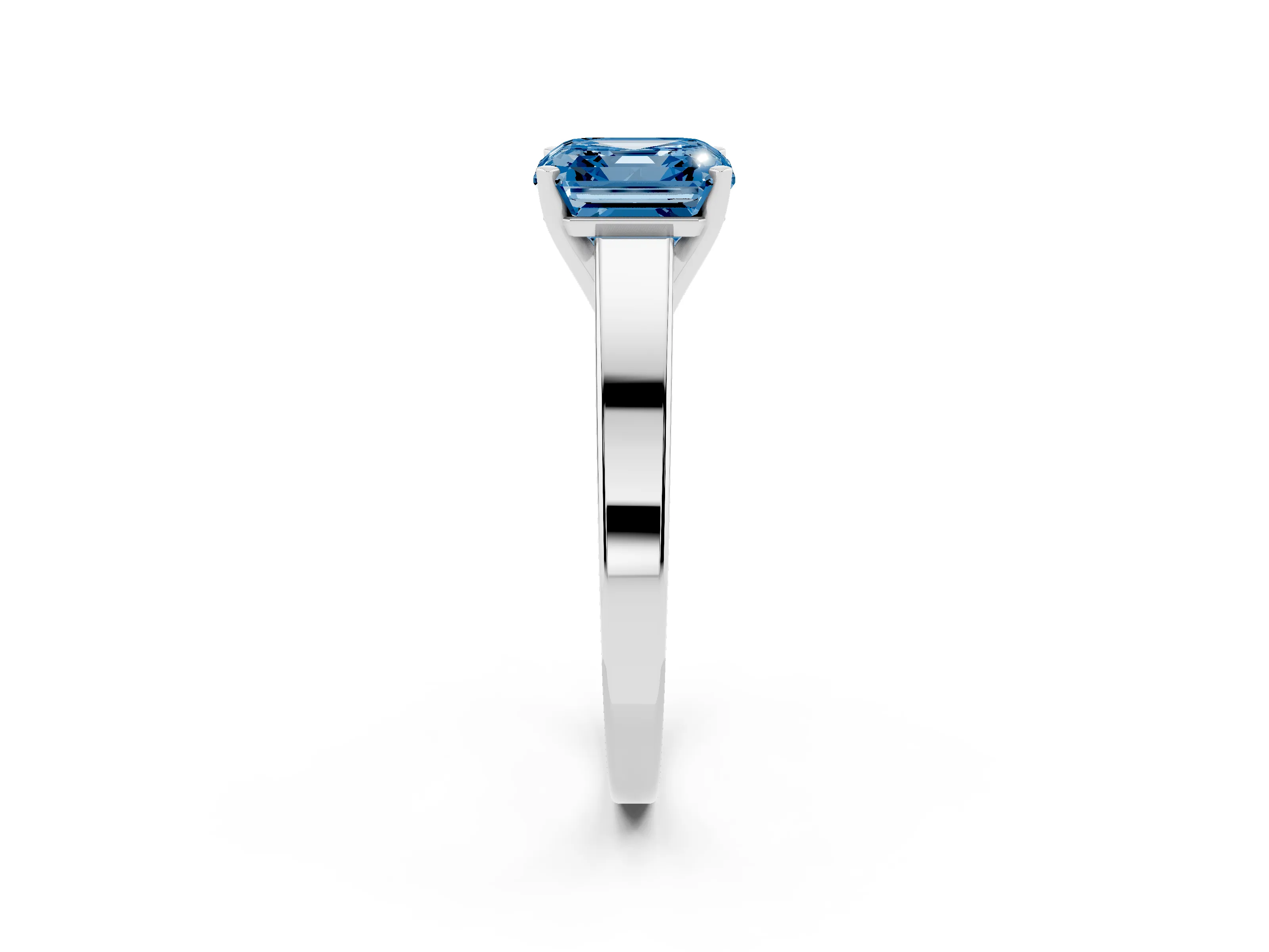 Fancy Blue Asscher Cut Diamond Solitaire Engagement Ring Set in White gold with Prong Setting and Tapered Band