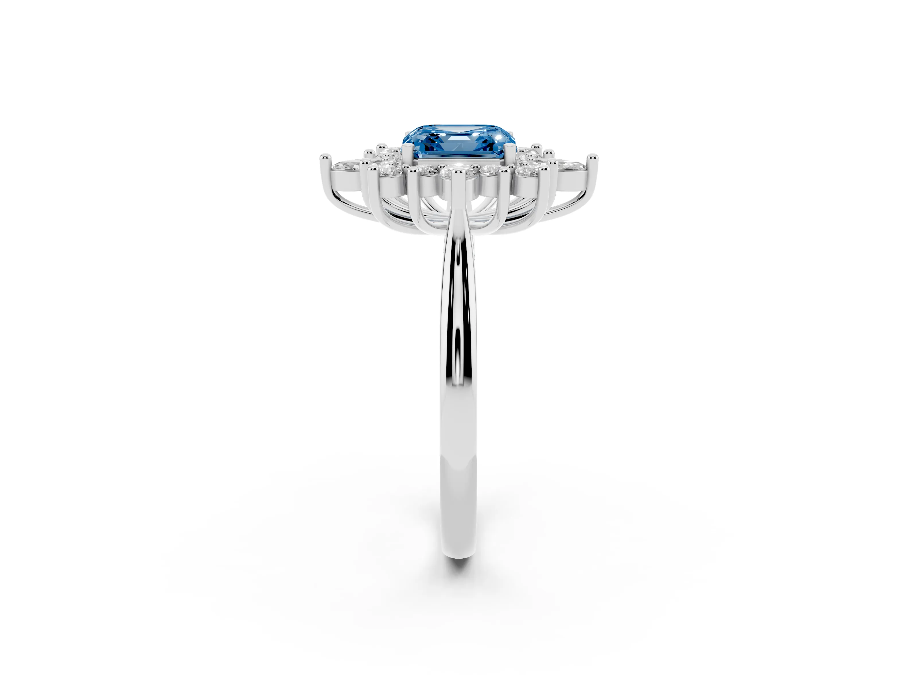 Fancy Blue Asscher Cut Diamond Cluster Halo Ring Set in Silver with Marquise and Round Accents