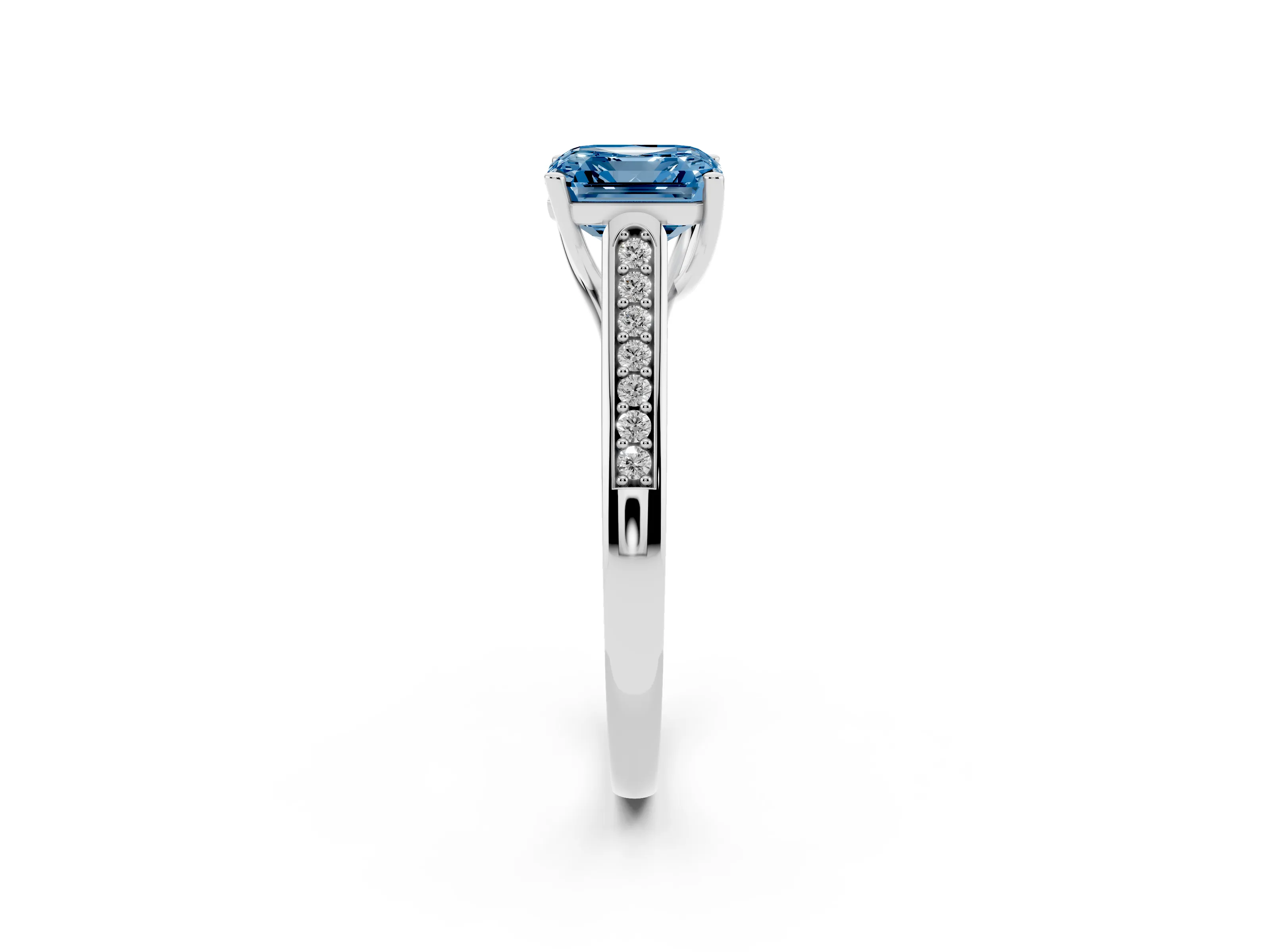 Fancy Blue Asscher Cut Diamond Solitaire Cathedral Engagement Ring Set in White gold with Channel-Set Band and Prong Setting
