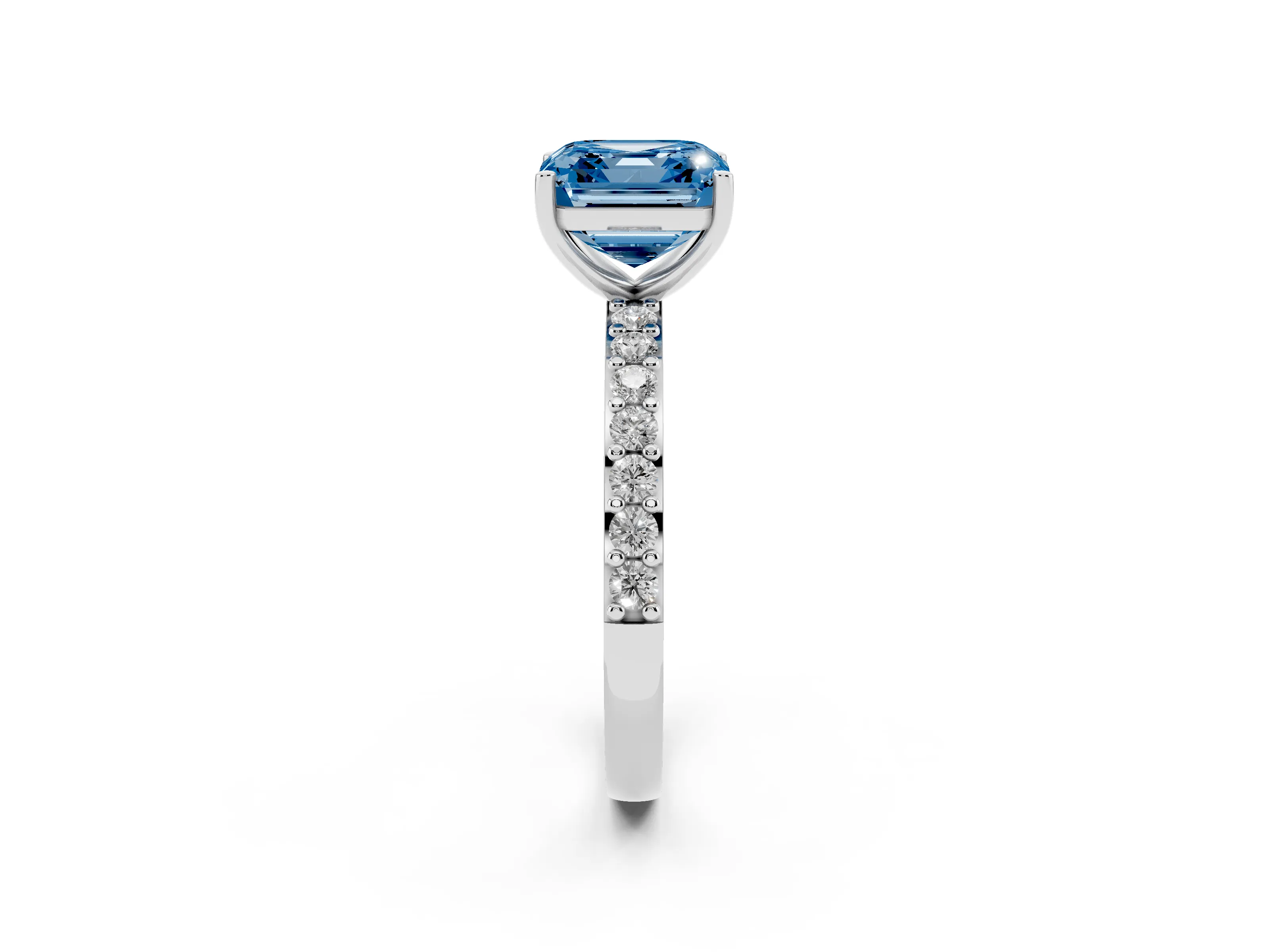Fancy Blue Asscher Cut Diamond Solitaire Set in Silver with Round Pavé Band and Prong Setting