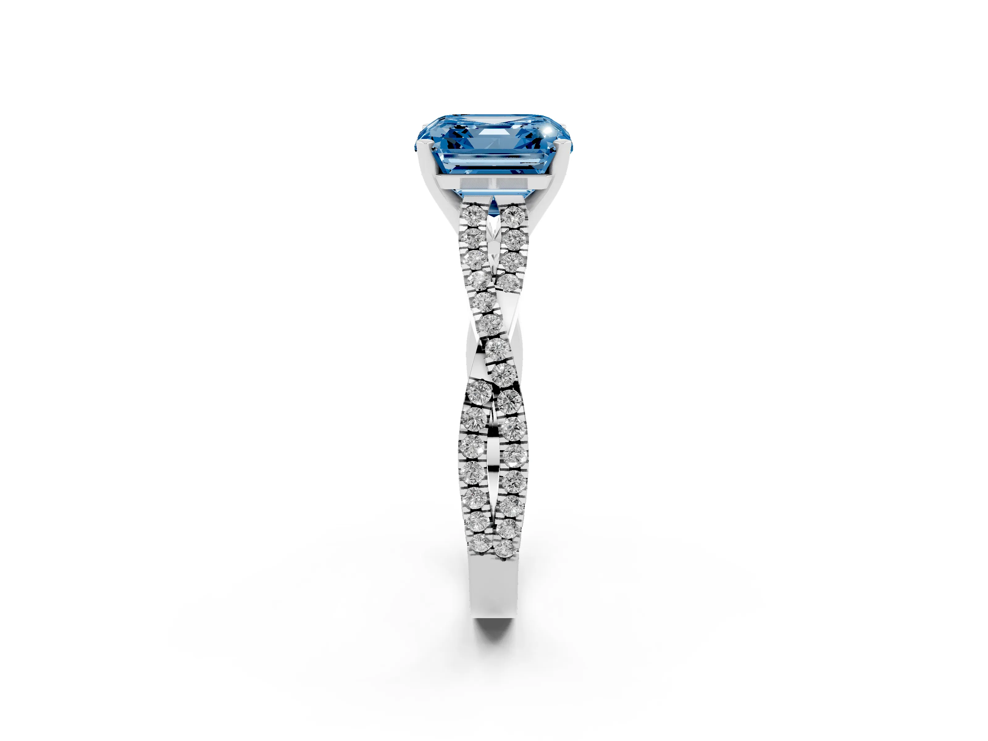 Fancy Blue Asscher Cut Diamond Solitaire Engagement Ring Set in White gold with Twisted Pavé Band and Prong Setting