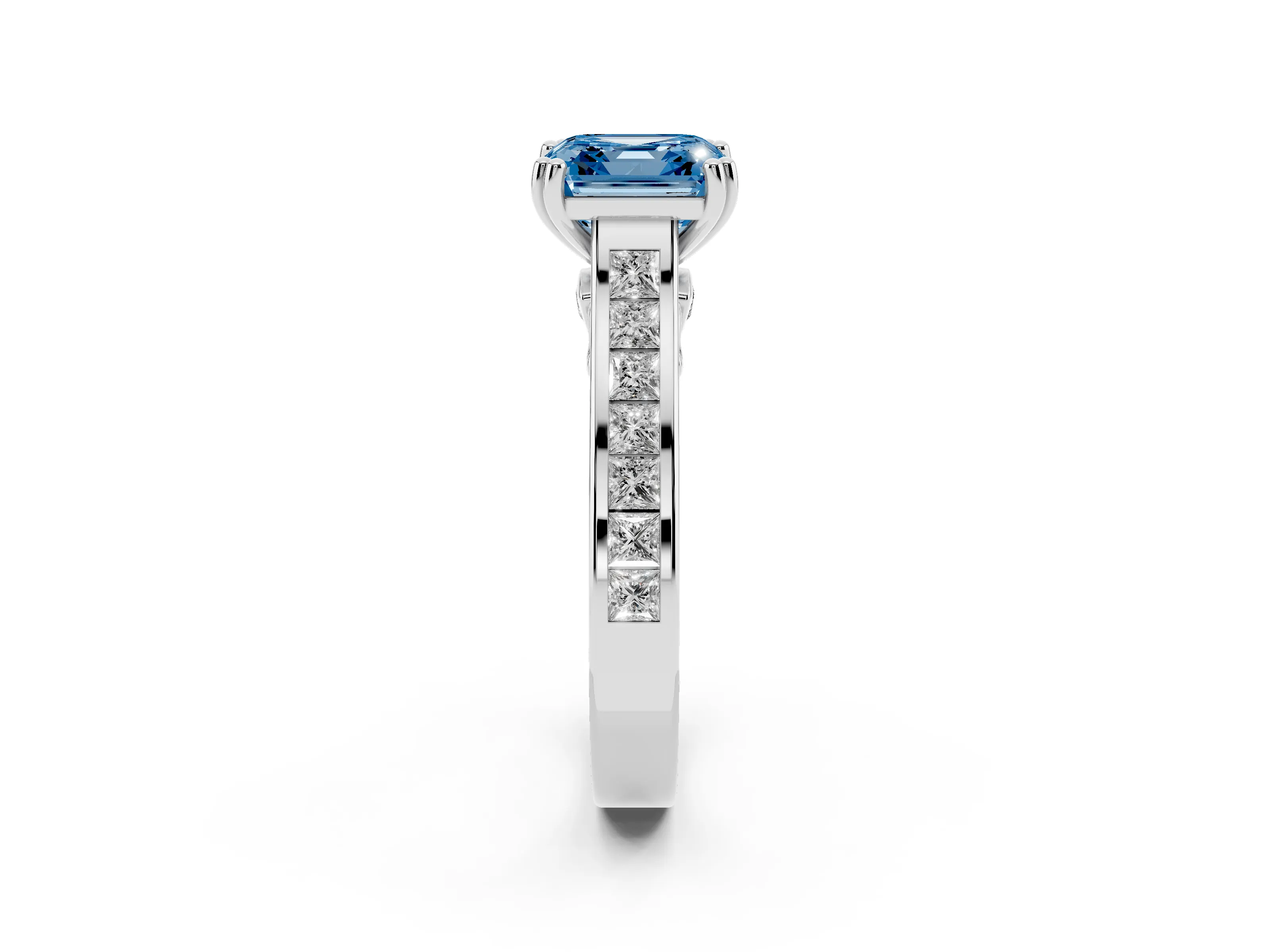 Fancy Blue Asscher Cut Diamond Channel Set Solitaire Engagement Ring Set in White gold with Prong Setting