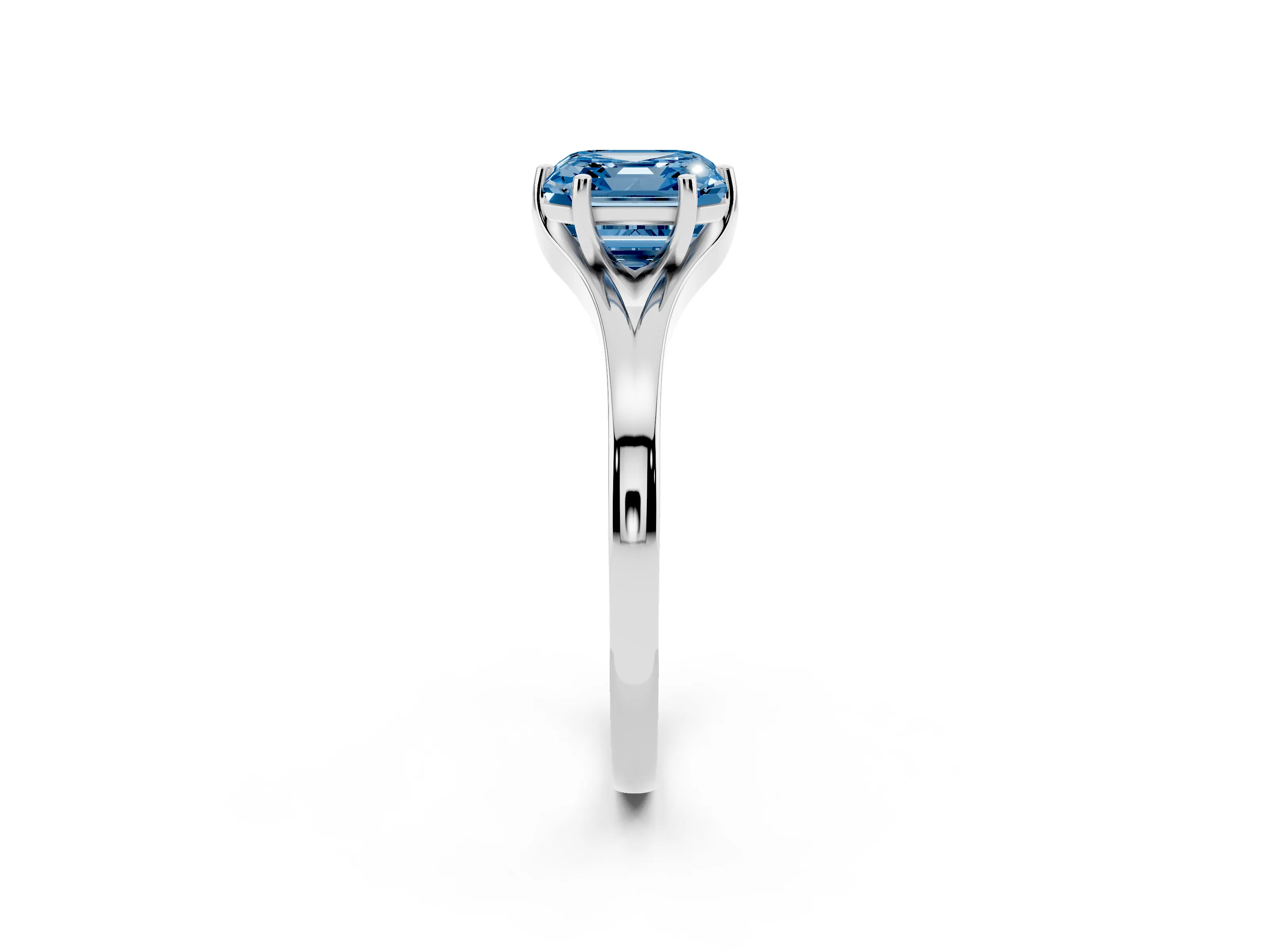 Fancy Blue Asscher Cut Diamond Solitaire Ring Set in Silver with Polished Tapered Band and Prong Setting