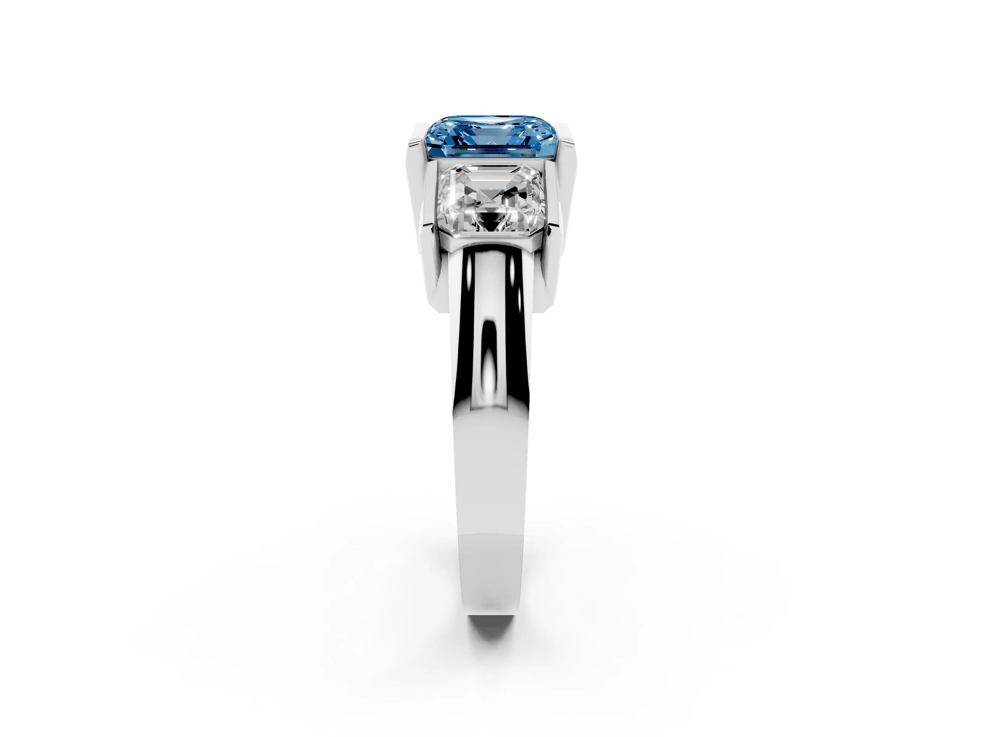 Fancy Blue Asscher Cut Diamond Three-Stone Channel Set Ring Set in White gold with Smooth Polished Band