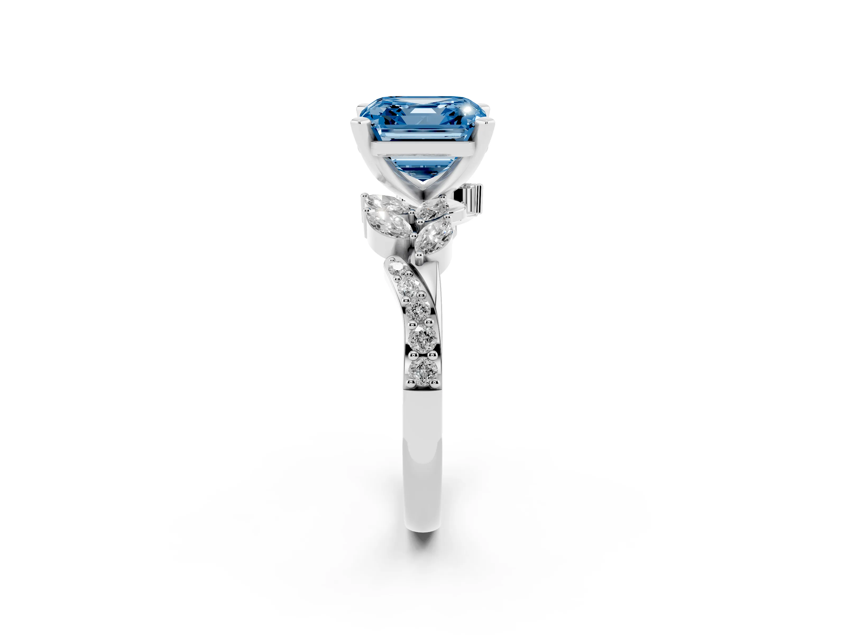 Fancy Blue Asscher Cut Diamond Solitaire Ring Set in White gold with Marquise Twist Band and Prong Setting