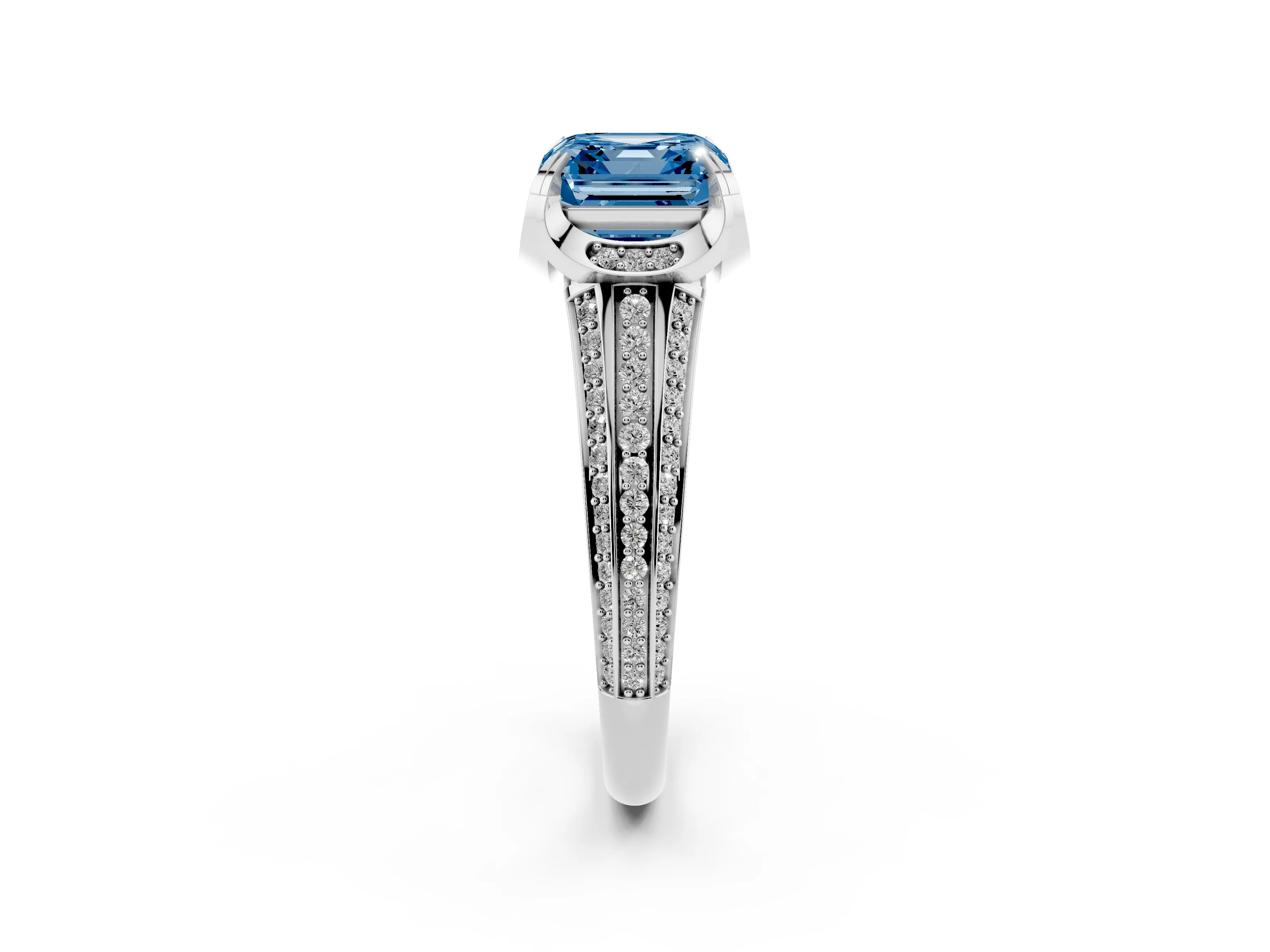 Fancy Blue Asscher Cut Diamond Pavé Split Shank Solitaire Ring Set in Platinum with Prong Setting