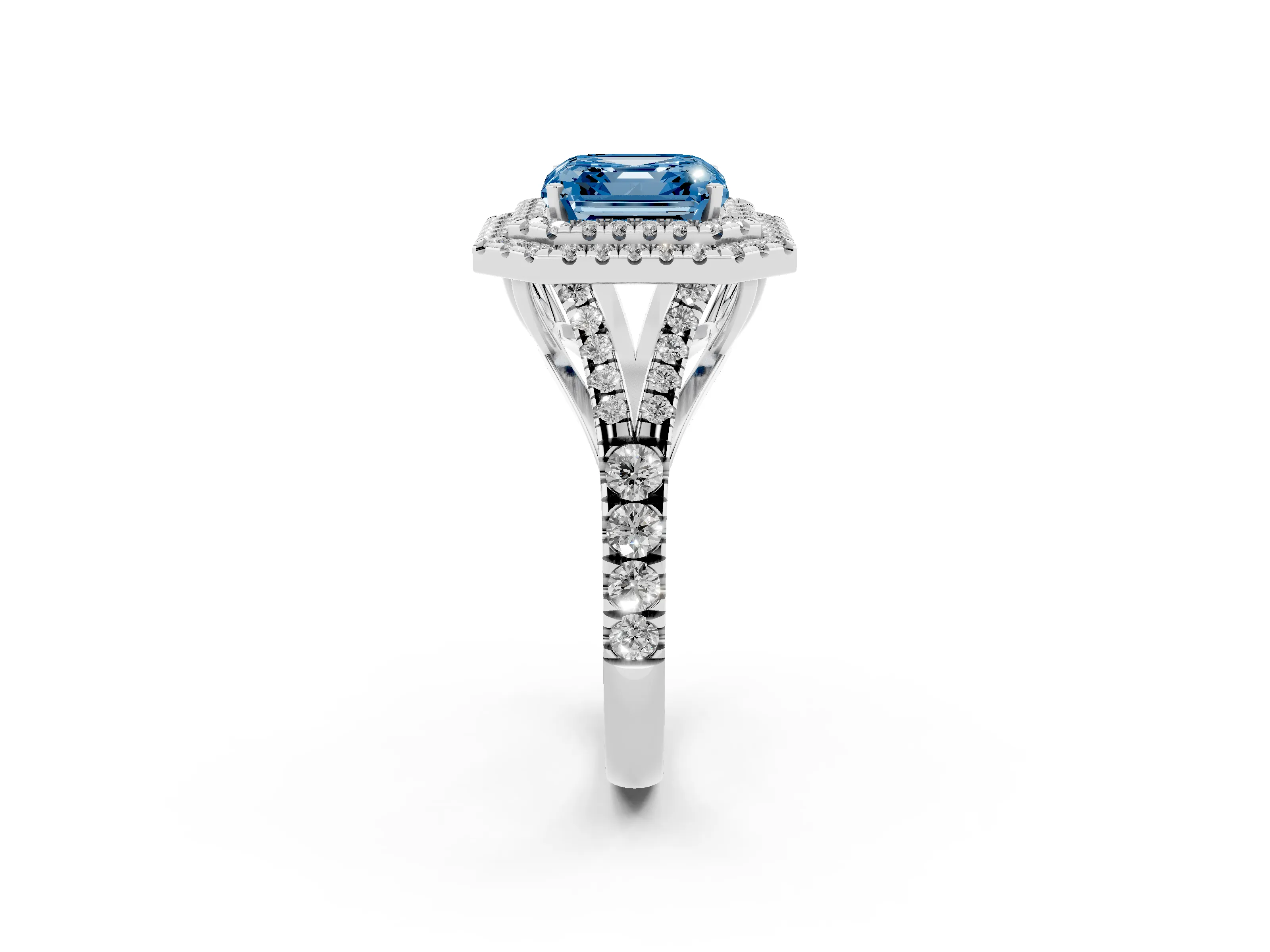 Fancy Blue Asscher Cut Diamond Pavé Split Shank Double Halo Engagement Ring Set in Platinum