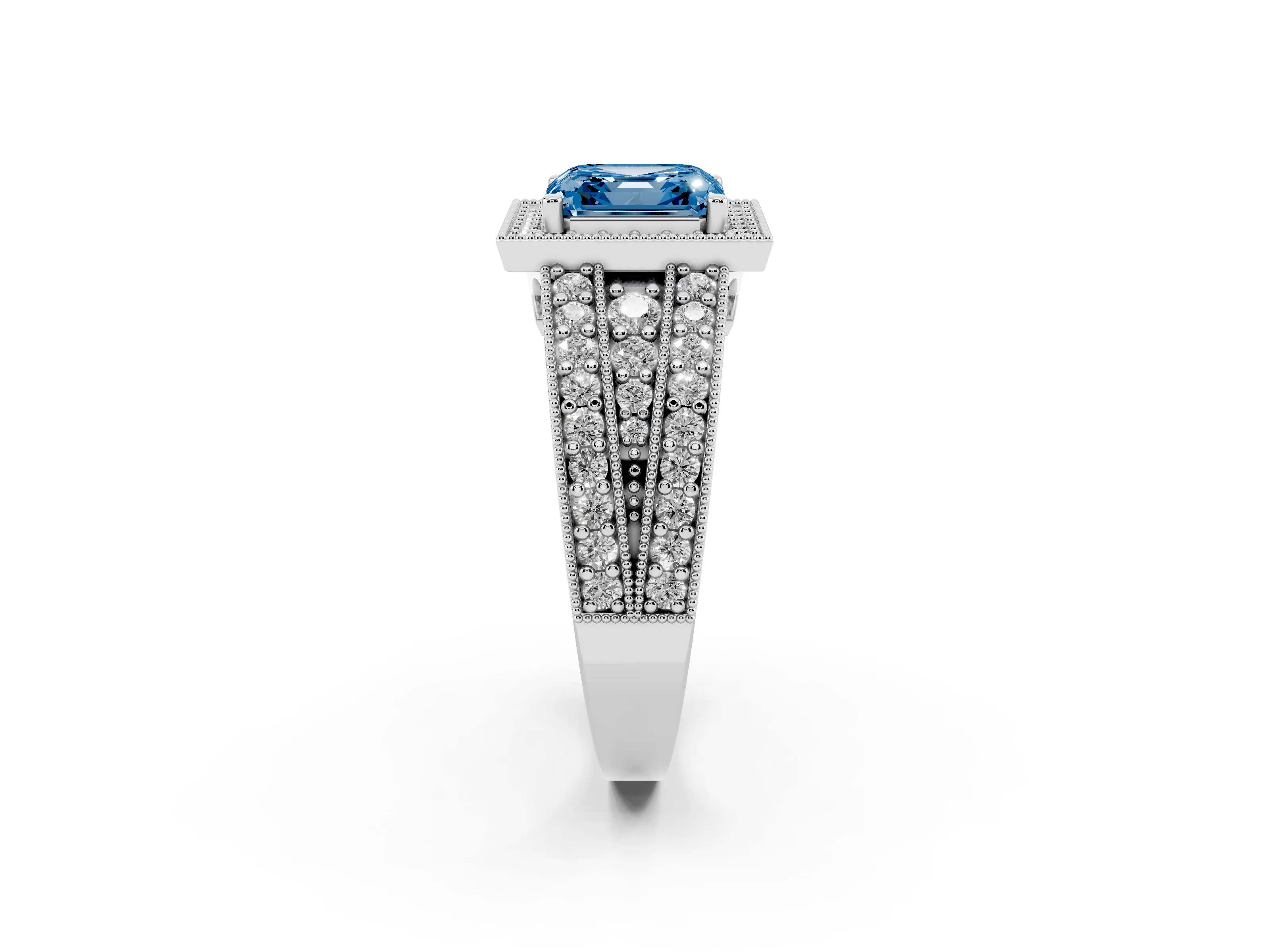Fancy Blue Asscher Cut Diamond Halo Ring Set in Silver with Accent Split Shank and Prong Setting