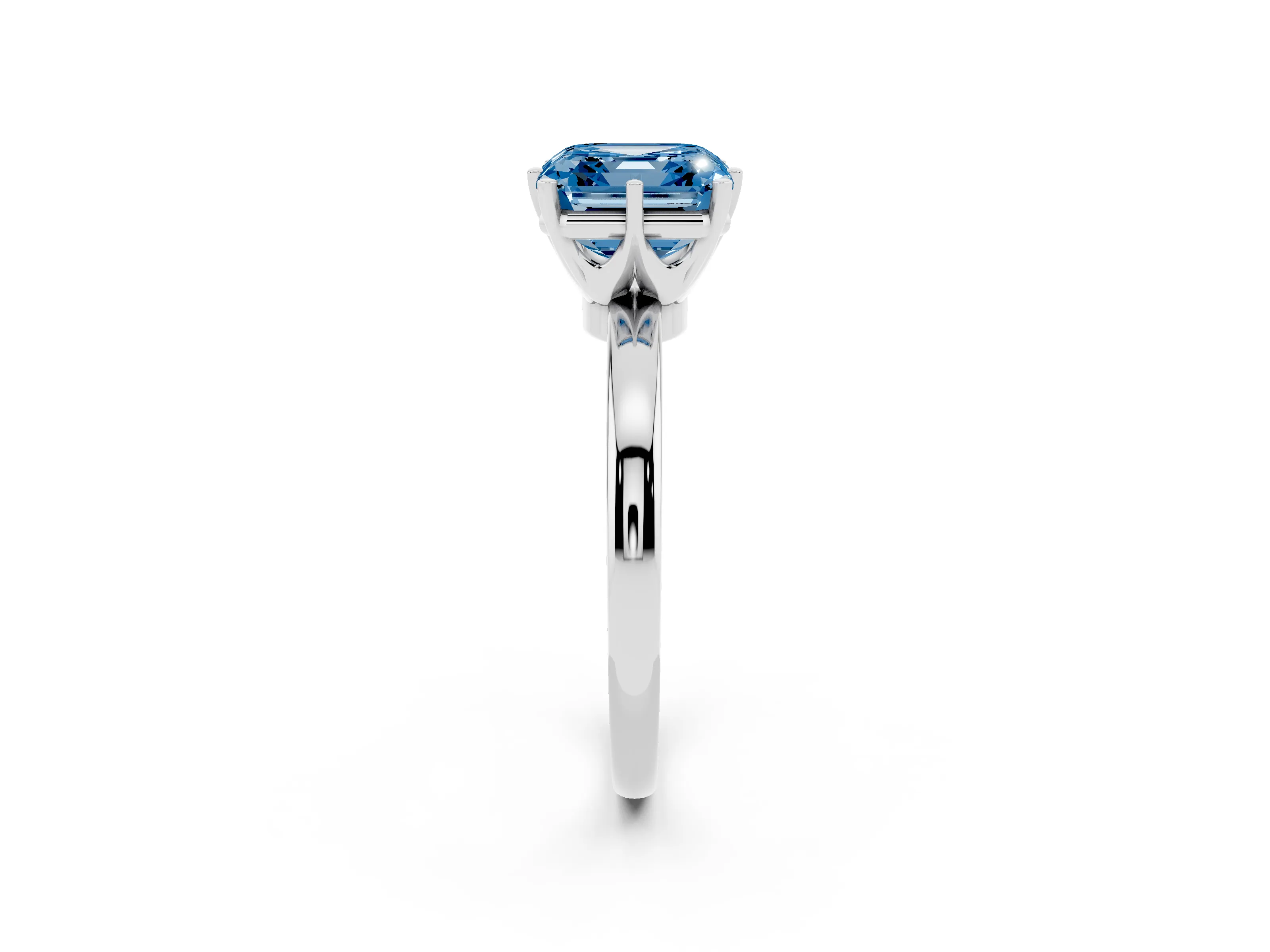 Fancy Blue Asscher Cut Diamond Solitaire Ring Set in Silver with Raised Prong Setting on a Classic Band