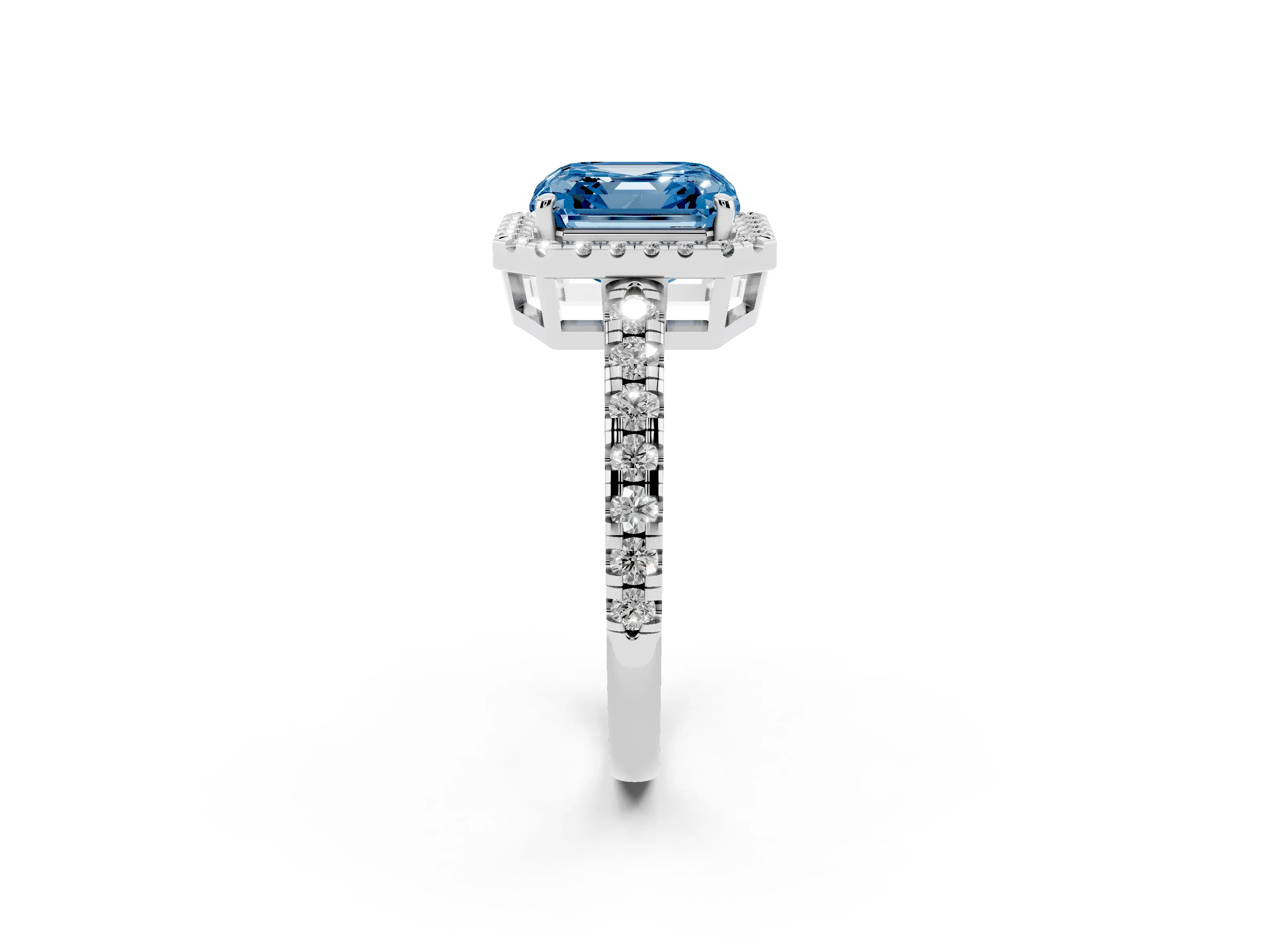 Fancy Blue Asscher Cut Diamond Halo Ring Set in Platinum with Delicate Pavé Band and Prong Setting