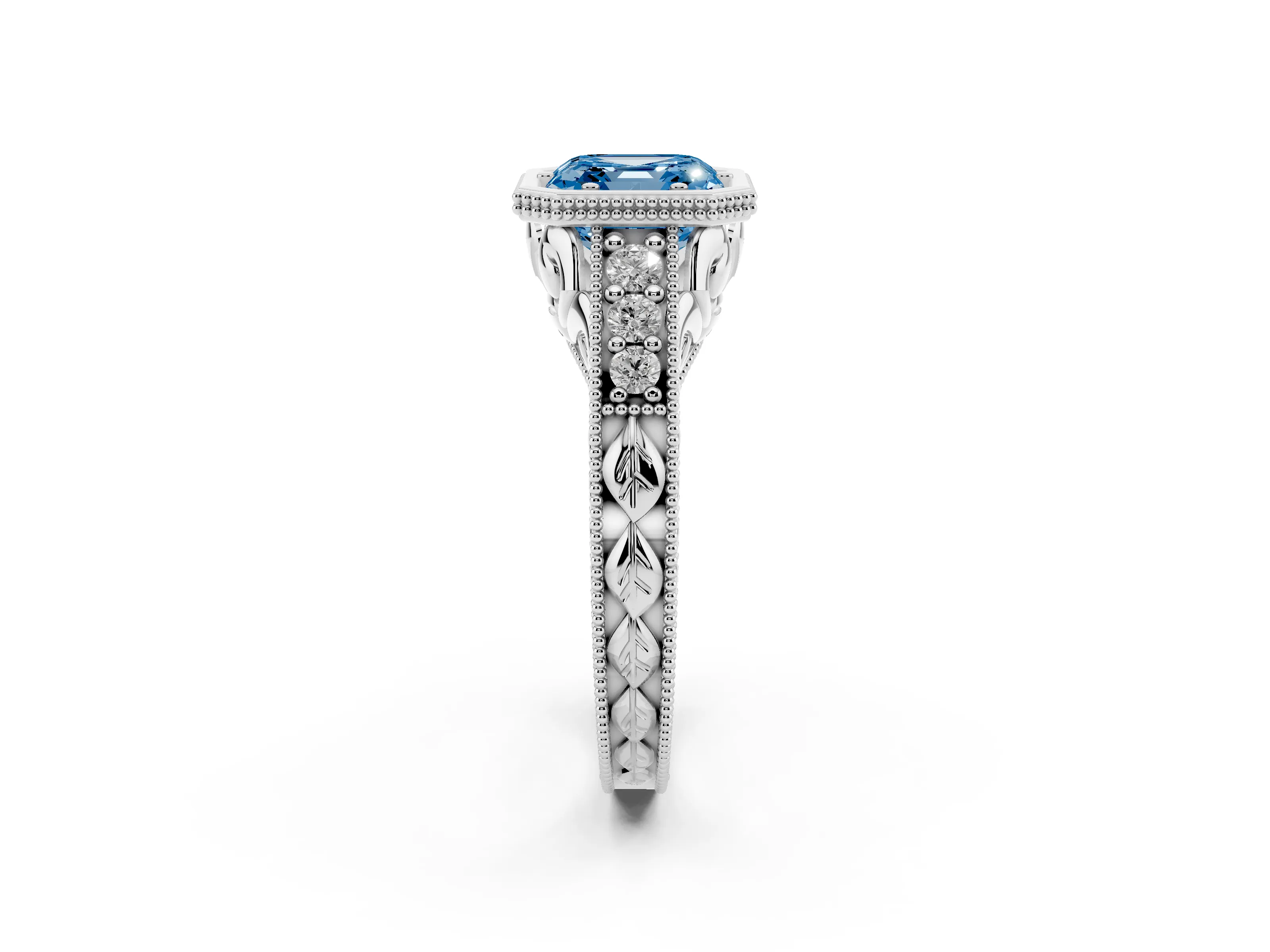 Fancy Blue Bezel Set Asscher Cut Diamond Milgrain Pavé Engagement Ring Set in Silver