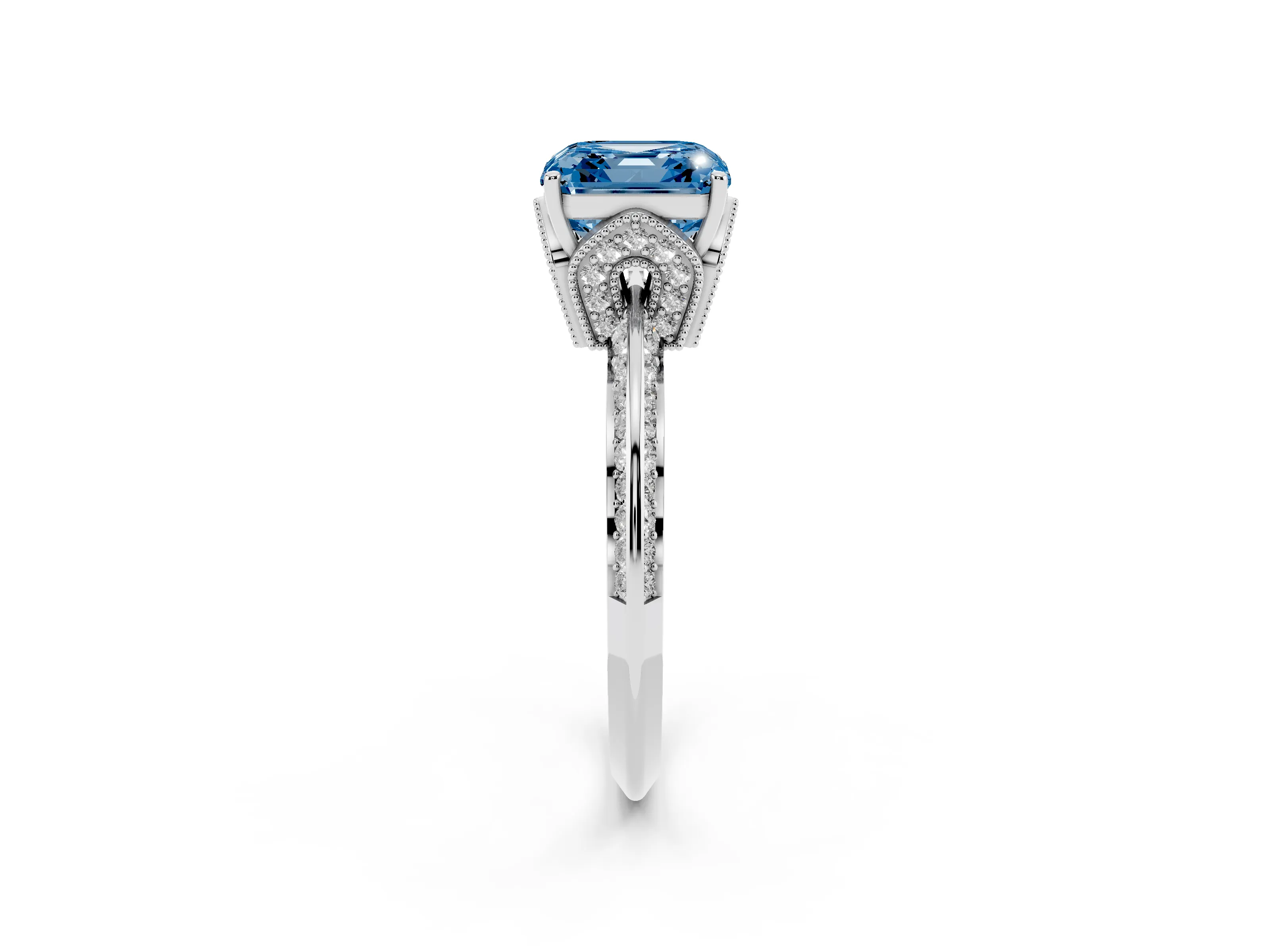 Fancy Blue Asscher Cut Diamond Solitaire Engagement Ring Set in Platinum with Pavé Split Shank and Prong Setting