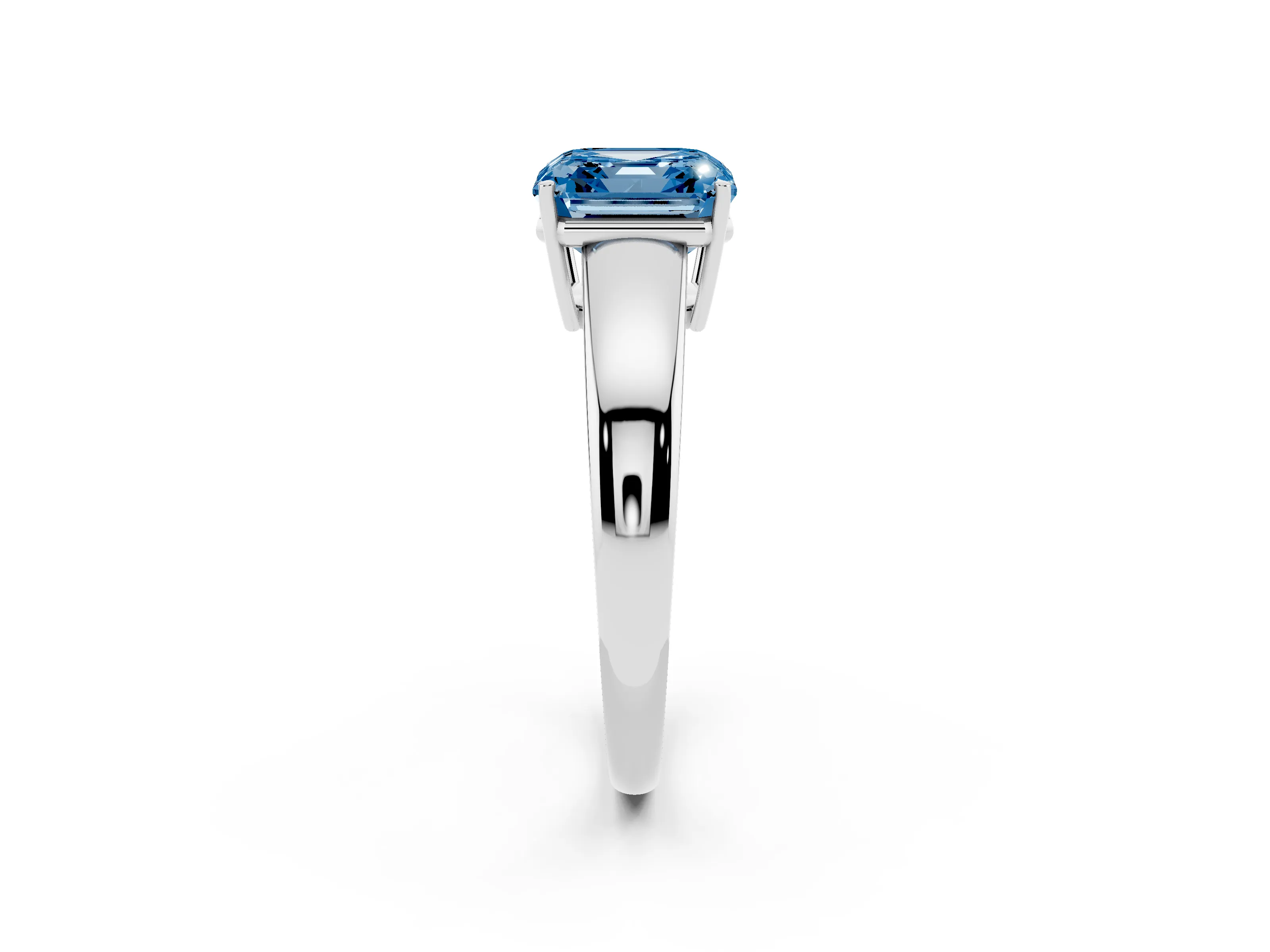 Fancy Blue Asscher Cut Diamond Solitaire Ring Set in White gold with Tapered Band and Prong Setting