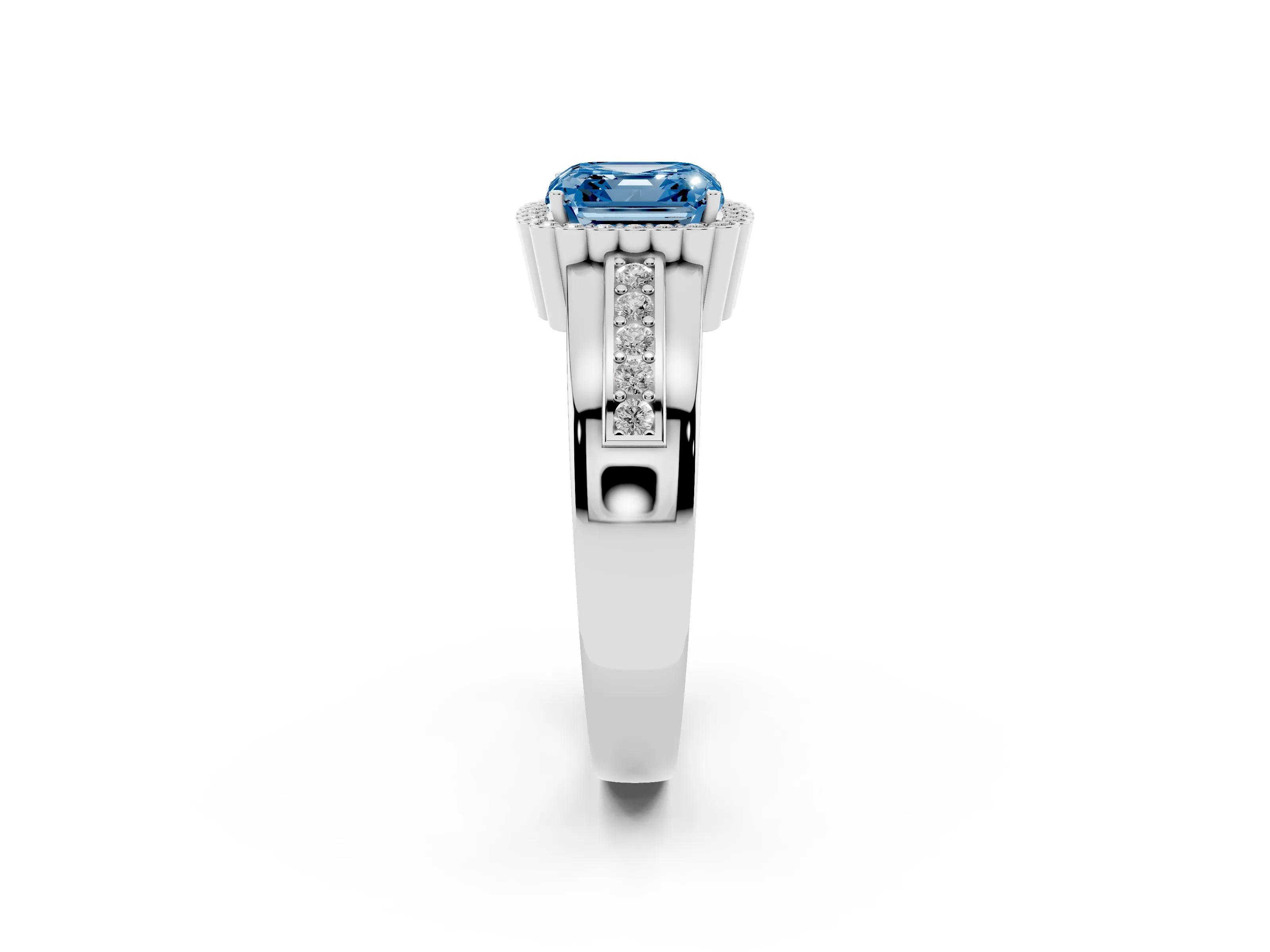 Fancy Blue Asscher Cut Diamond Halo Prong Ring Set in Platinum with Pavé Band