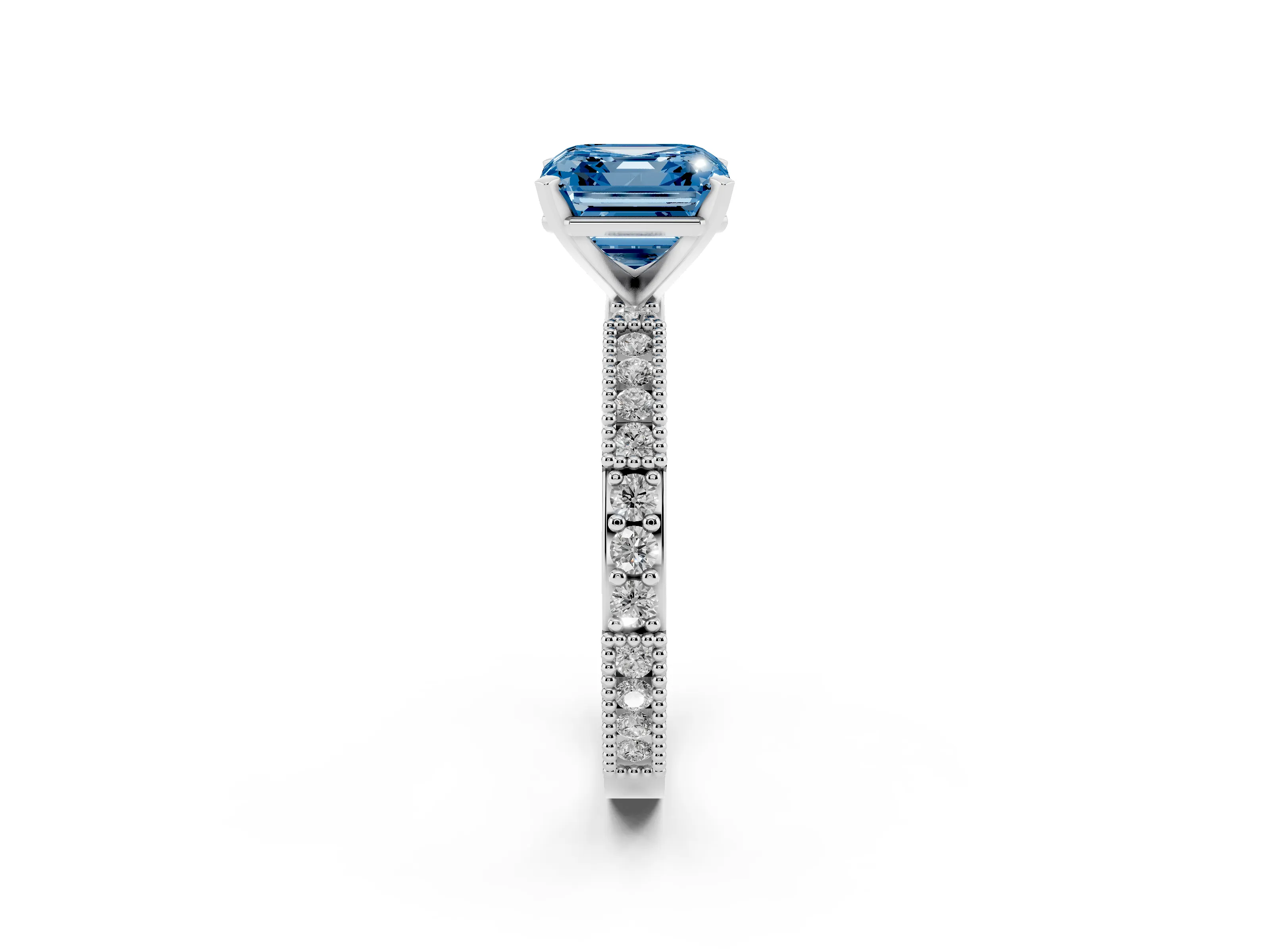 Fancy Blue Asscher Cut Diamond Solitaire Ring Set in Silver with Slim Pavé Band and Prong Setting