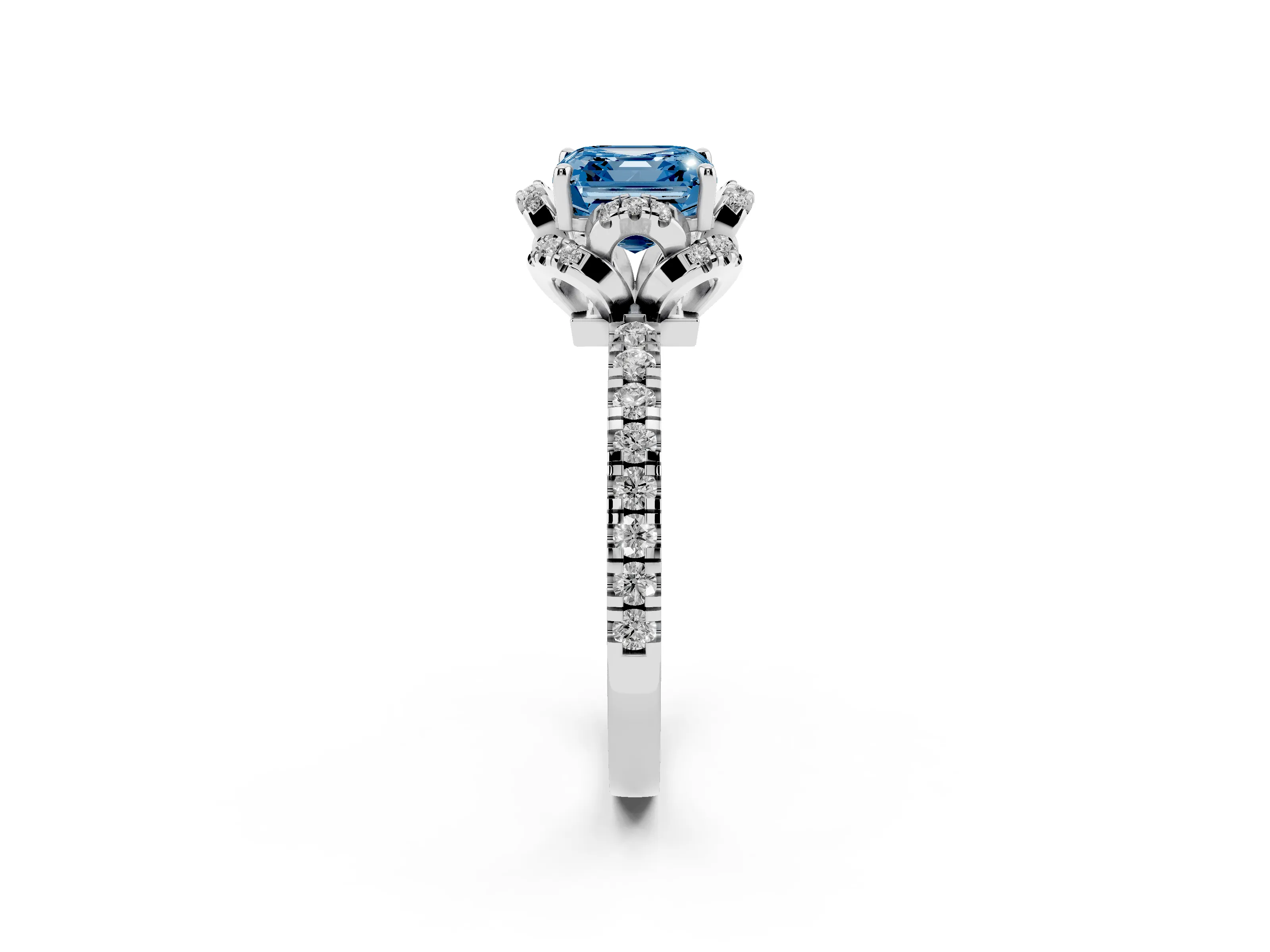 Fancy Blue Asscher Cut Diamond Halo Pavé Band Ring Set in Silver with Prong-Held Center