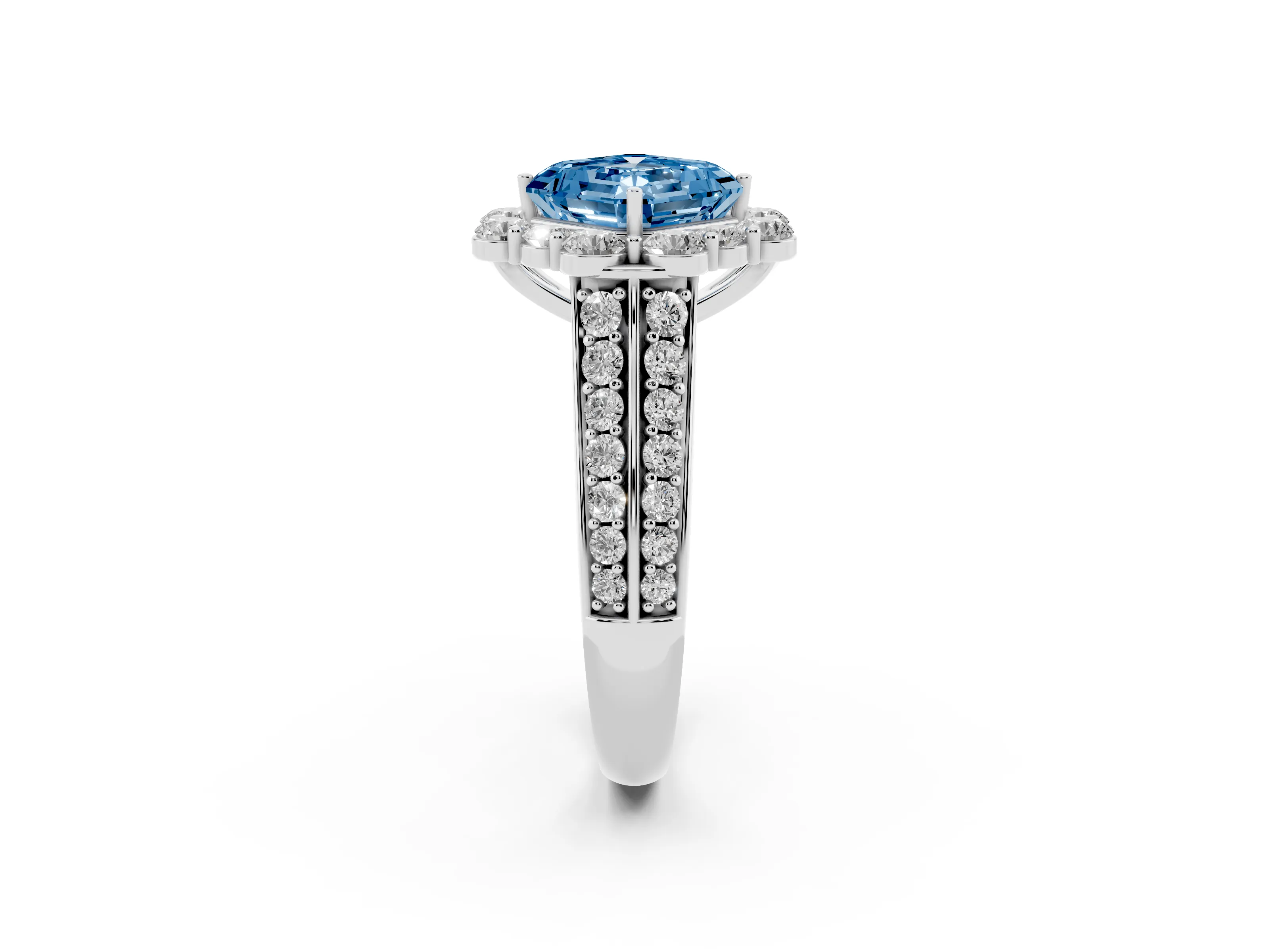Fancy Blue Asscher Cut Diamond Halo Engagement Ring Set in Silver with Split Shank and Prong Setting