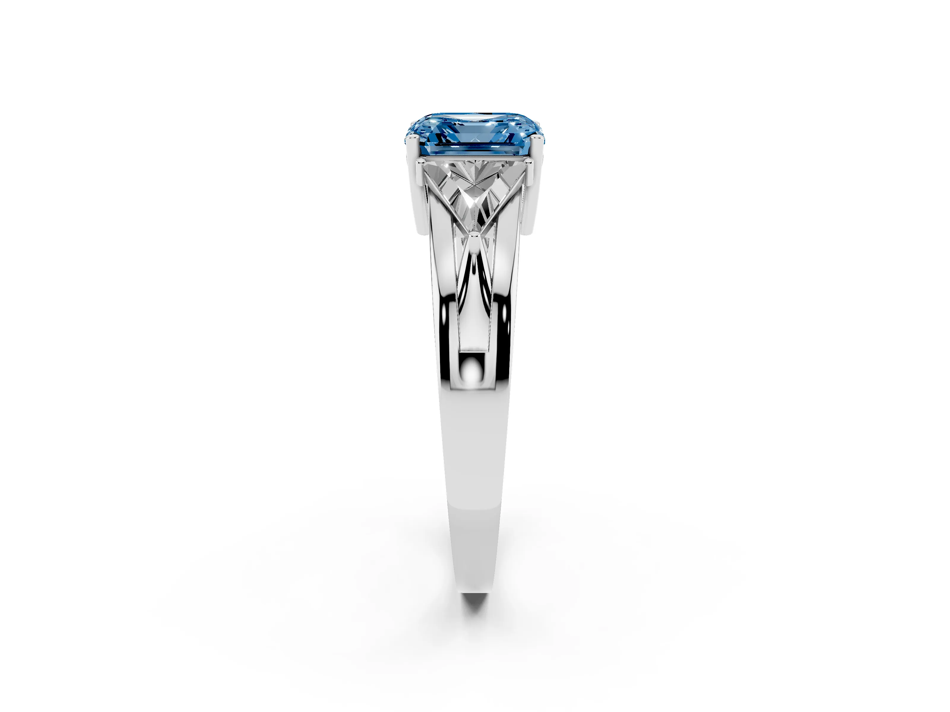 Fancy Blue Asscher Cut Diamond Three-Stone Ring Set in Platinum with Trillion Side Stones and Split Shank