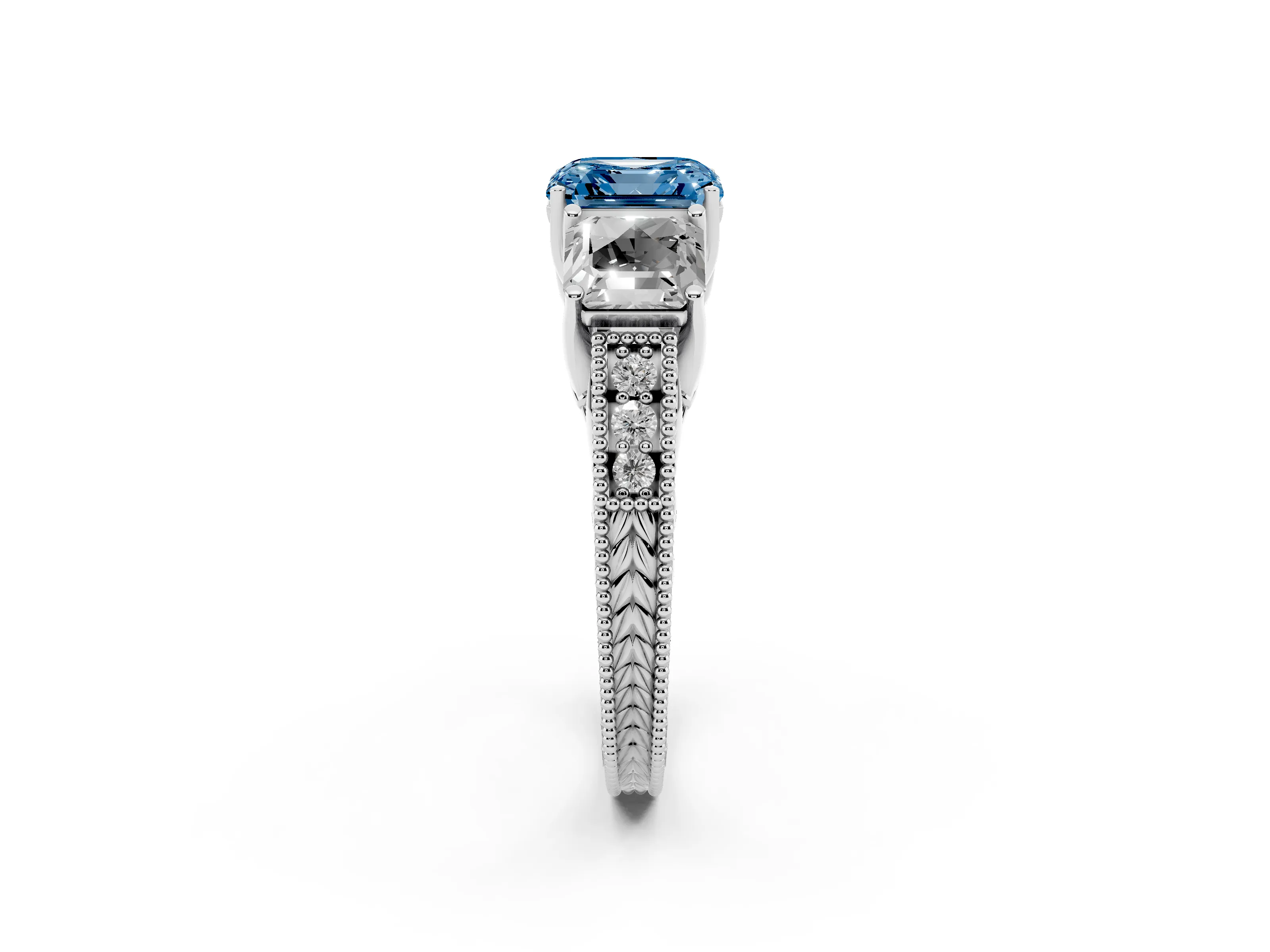 Fancy Blue Asscher Cut Diamond Three-Stone Engagement Ring Set in Silver with Milgrain Pavé Band