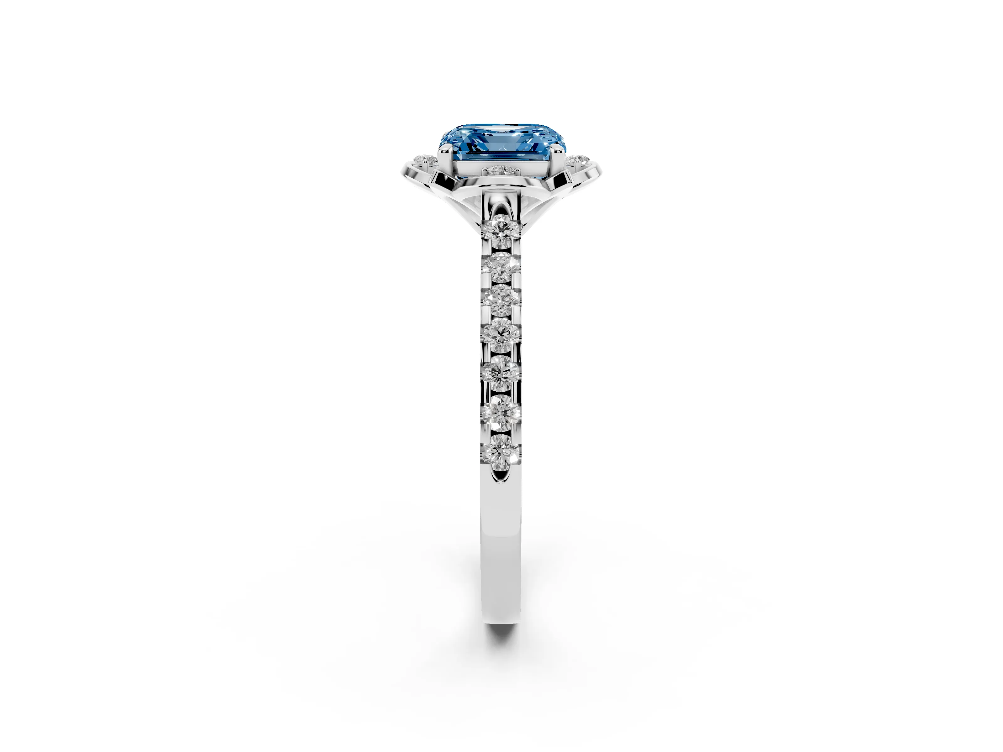 Fancy Blue Asscher Cut Diamond Solitaire Ring Set in Platinum with Pavé Band and Floral Prong Setting