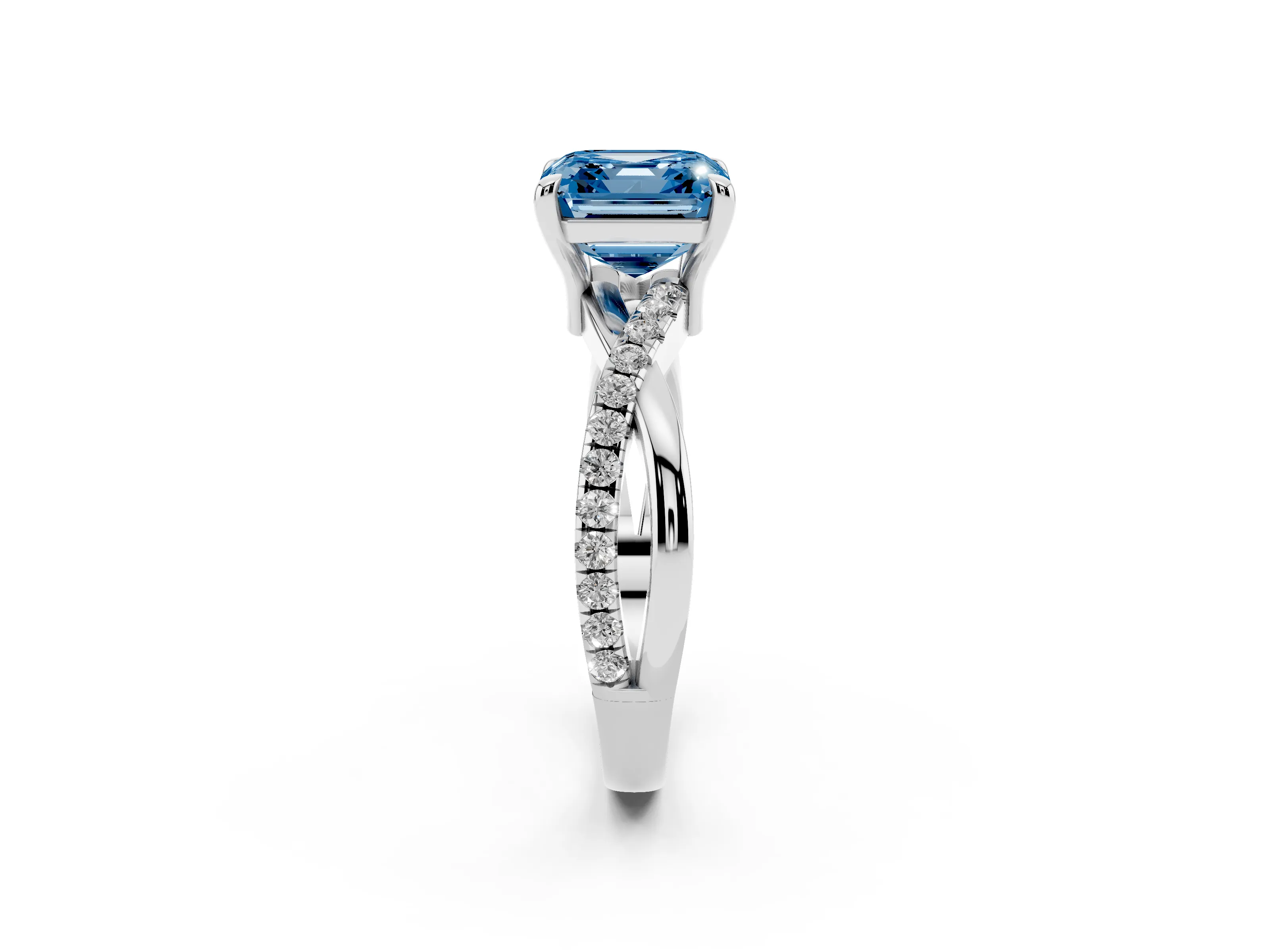 Fancy Blue Asscher Cut Diamond Twist Band Pavé Solitaire Ring Set in White gold with Prong Setting