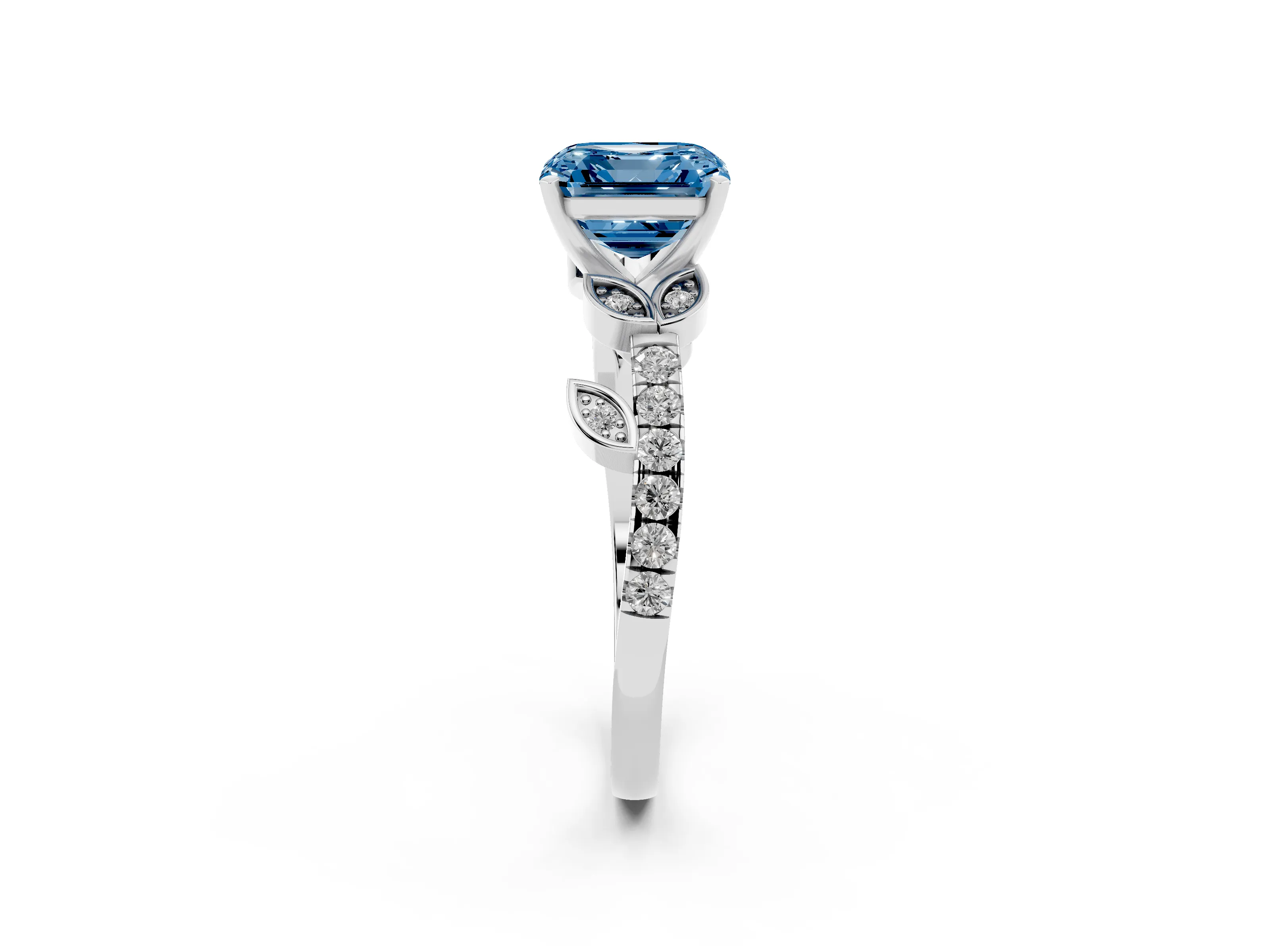 Fancy Blue Asscher Cut Diamond Solitaire Leaf-Inspired Ring Set in White gold with Pavé Band and Prong Setting