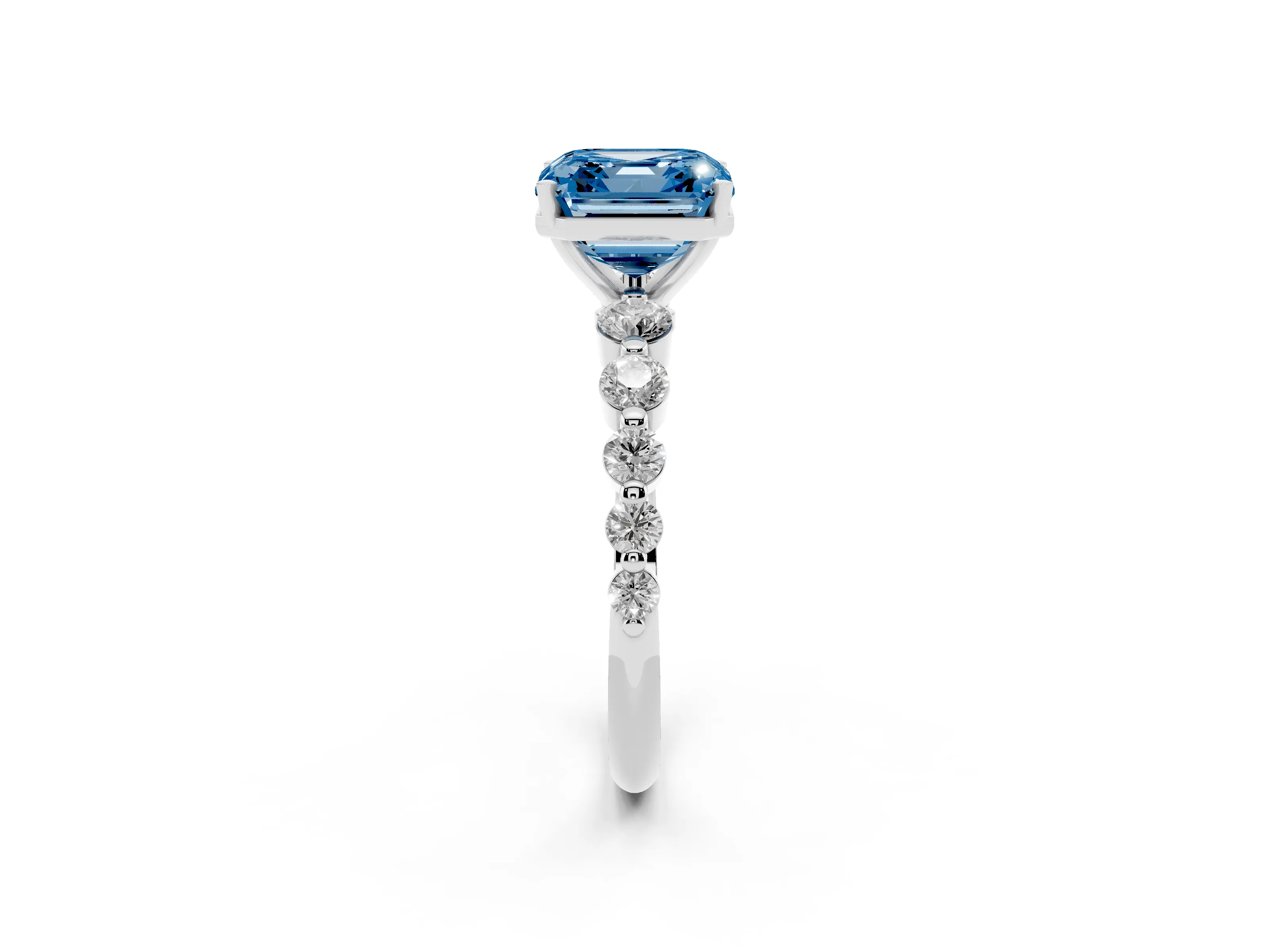 Fancy Blue Asscher Cut Diamond Solitaire Ring Set in Platinum with Pavé Band and Prong Setting