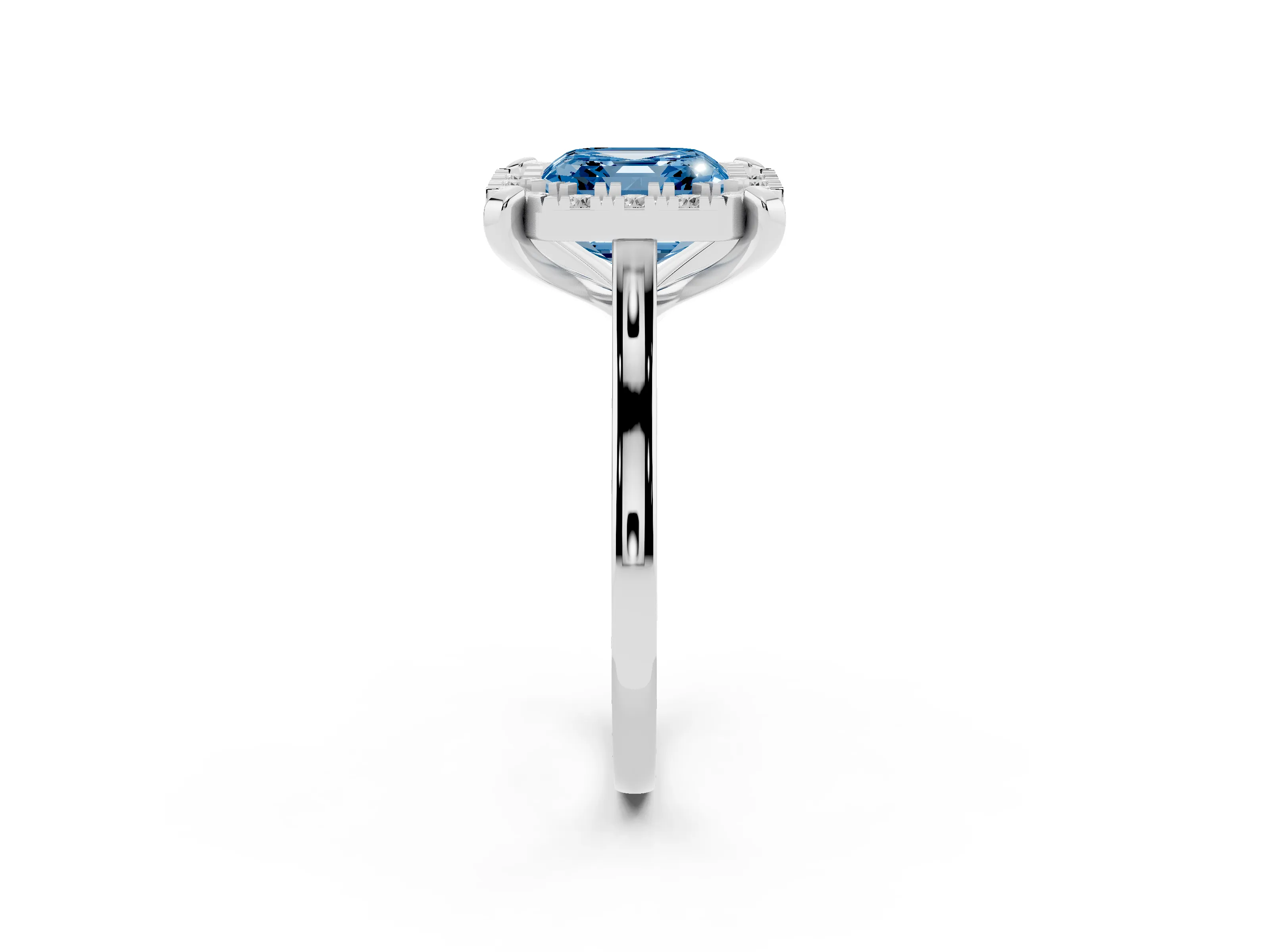 Fancy Blue Asscher Cut Diamond Cluster Halo Solitaire Ring Set in White gold with Prong Setting