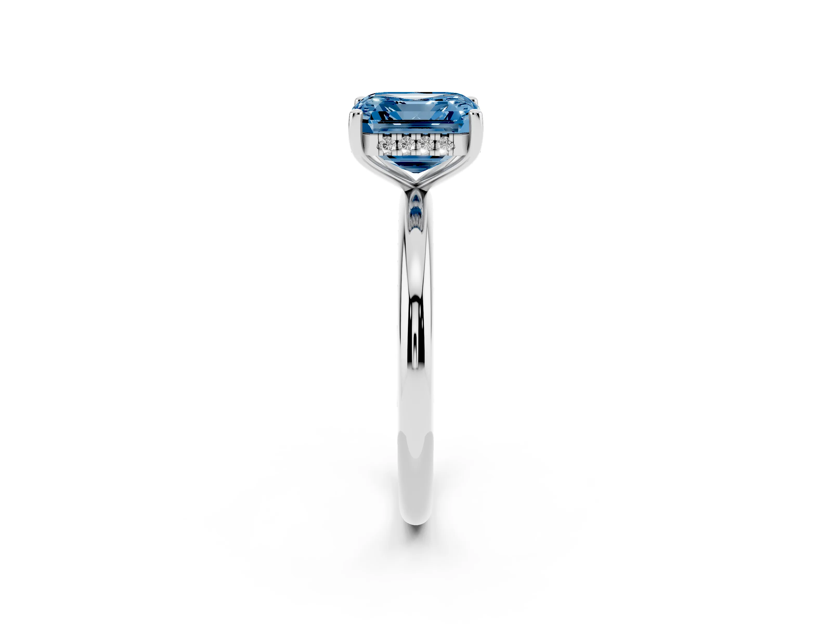 Fancy Blue Asscher Cut Diamond Solitaire Engagement Ring Set in White gold with Prong Setting and Polished Band