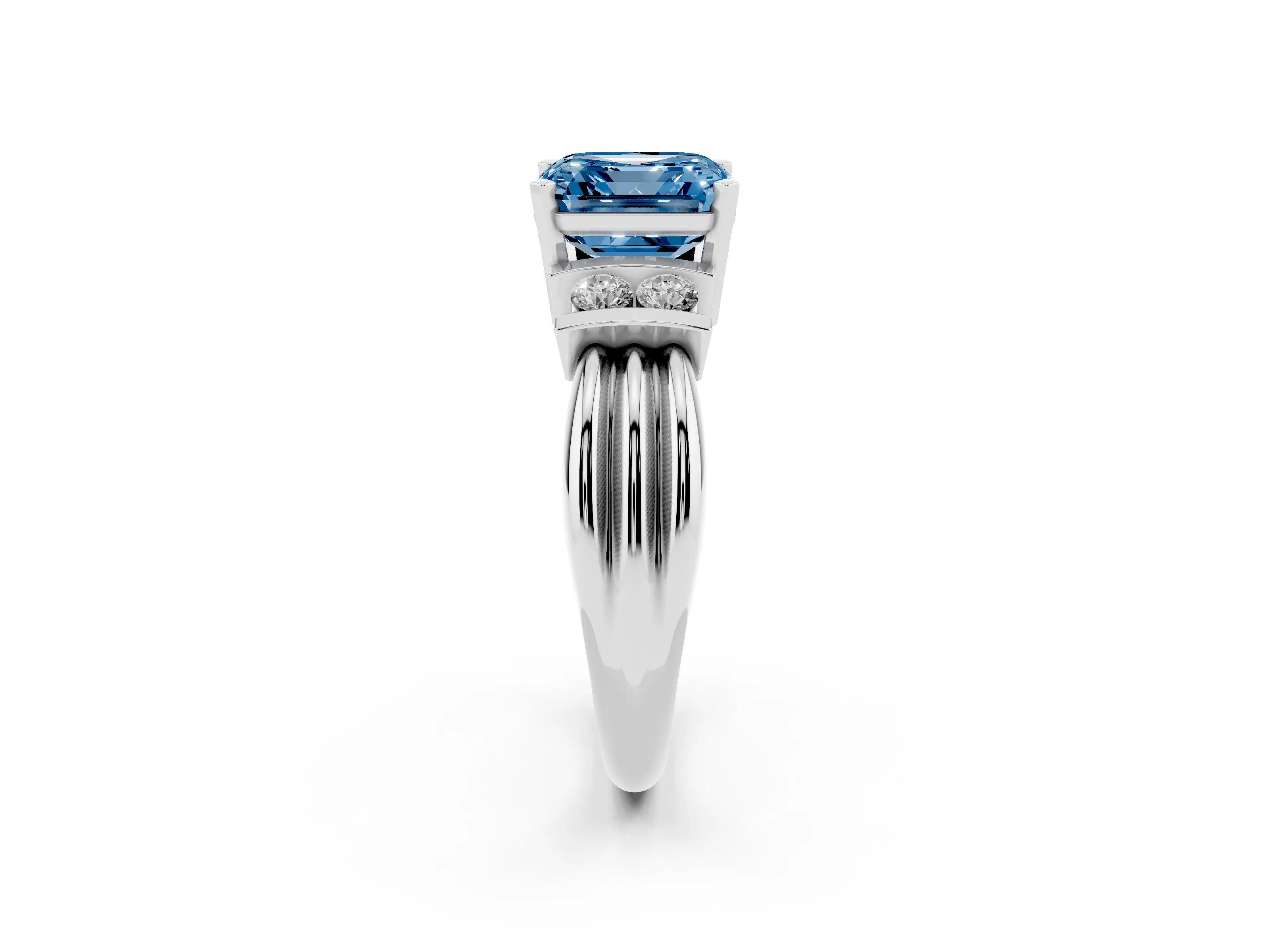 Fancy Blue Three-Stone Asscher Cut Diamond Channel Set Ring Set in White gold with Bar Prongs