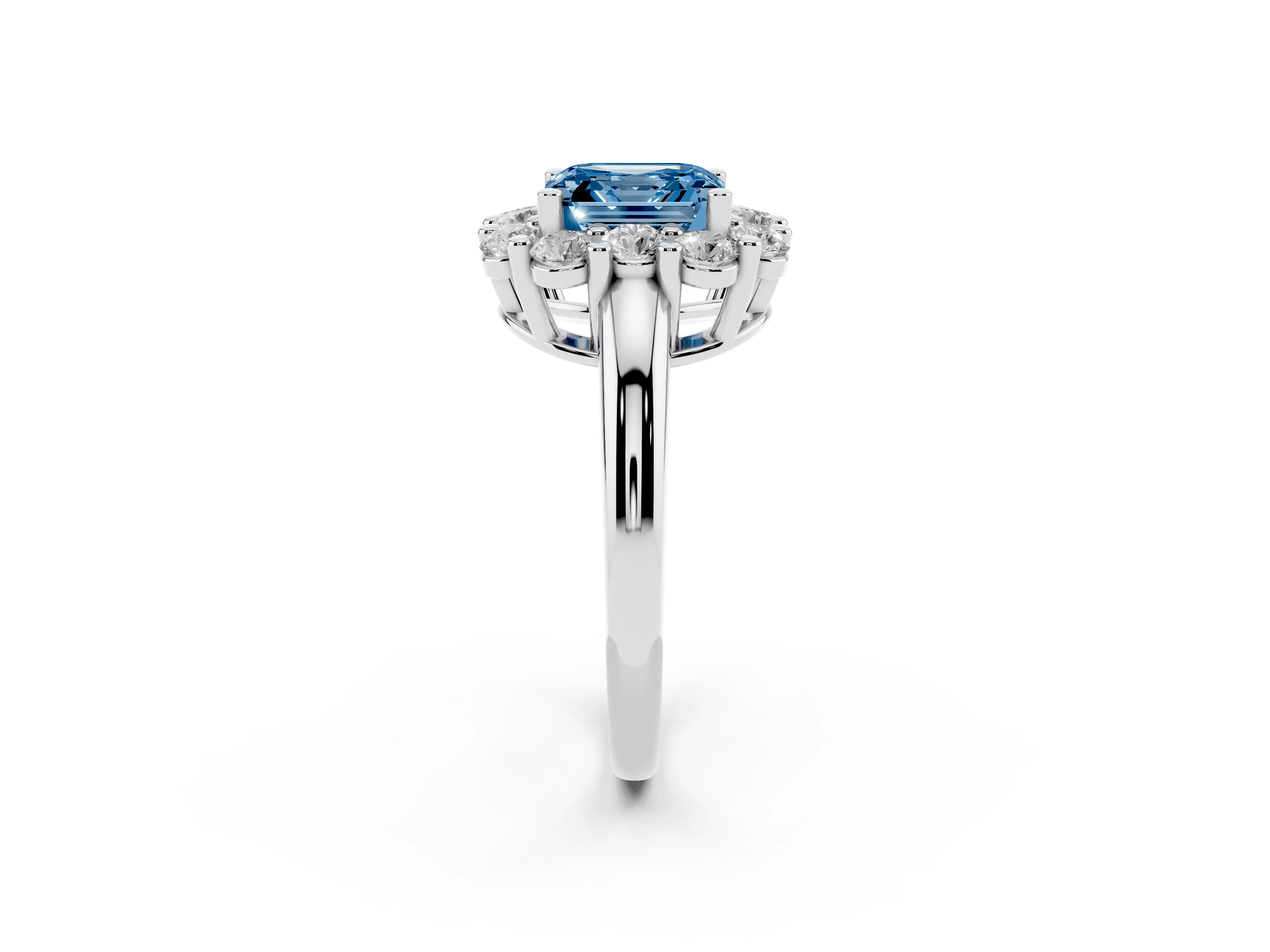 Fancy Blue Asscher Cut Diamond Halo Cluster Engagement Ring Set in Silver with Polished Band and Prong Setting