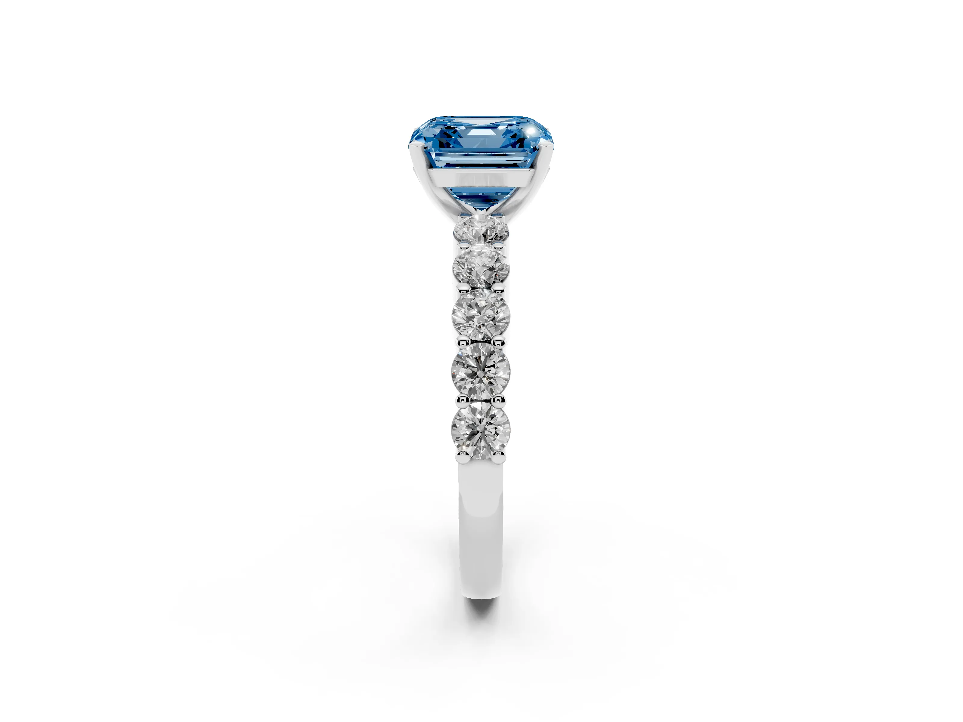 Fancy Blue Asscher Cut Diamond Solitaire Ring Set in Silver with Shared Prong Round Side Stones