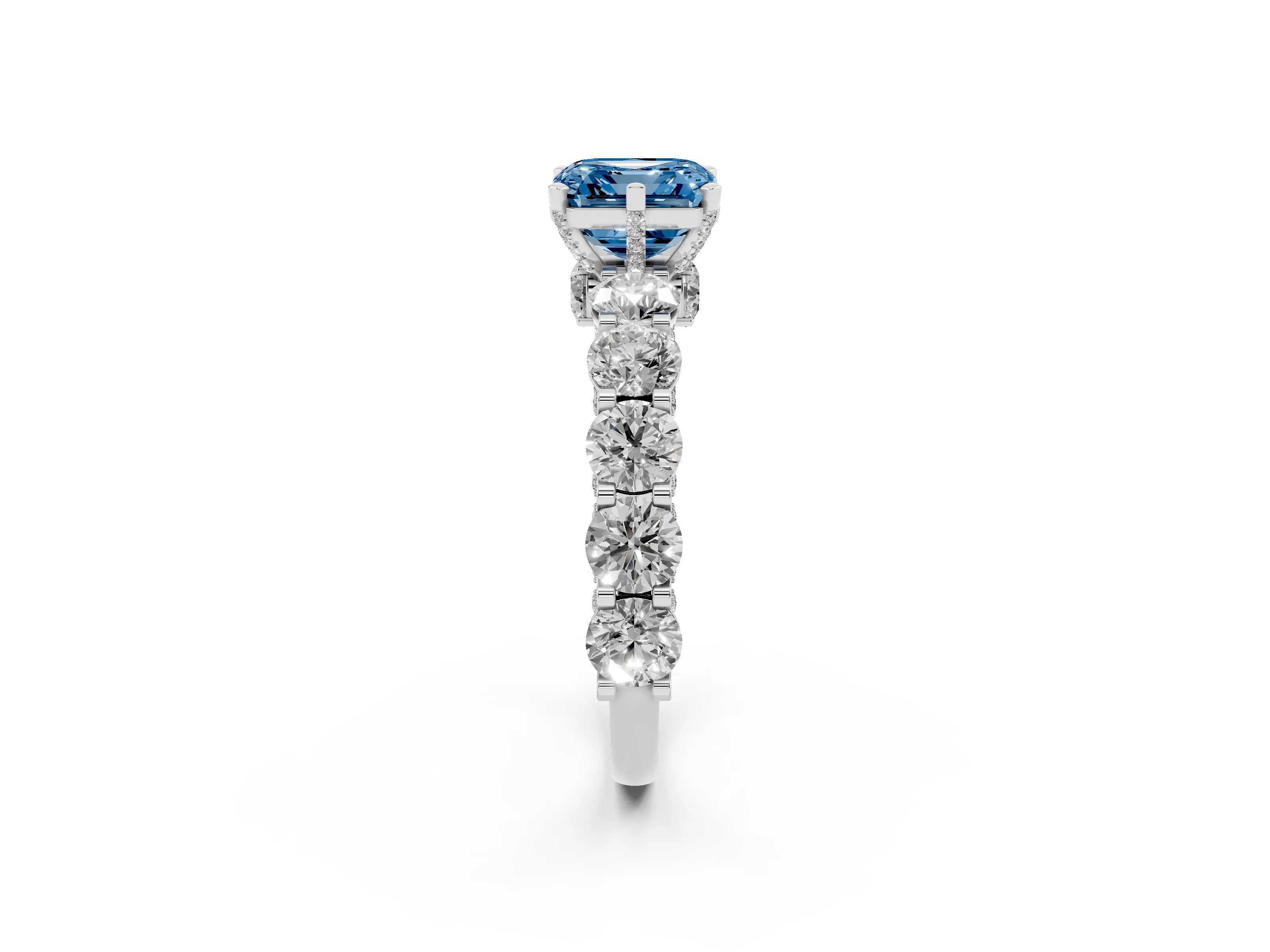 Fancy Blue Asscher Cut Diamond Side Stone Ring Set in Silver with Alternating Round and Oval Side Stones
