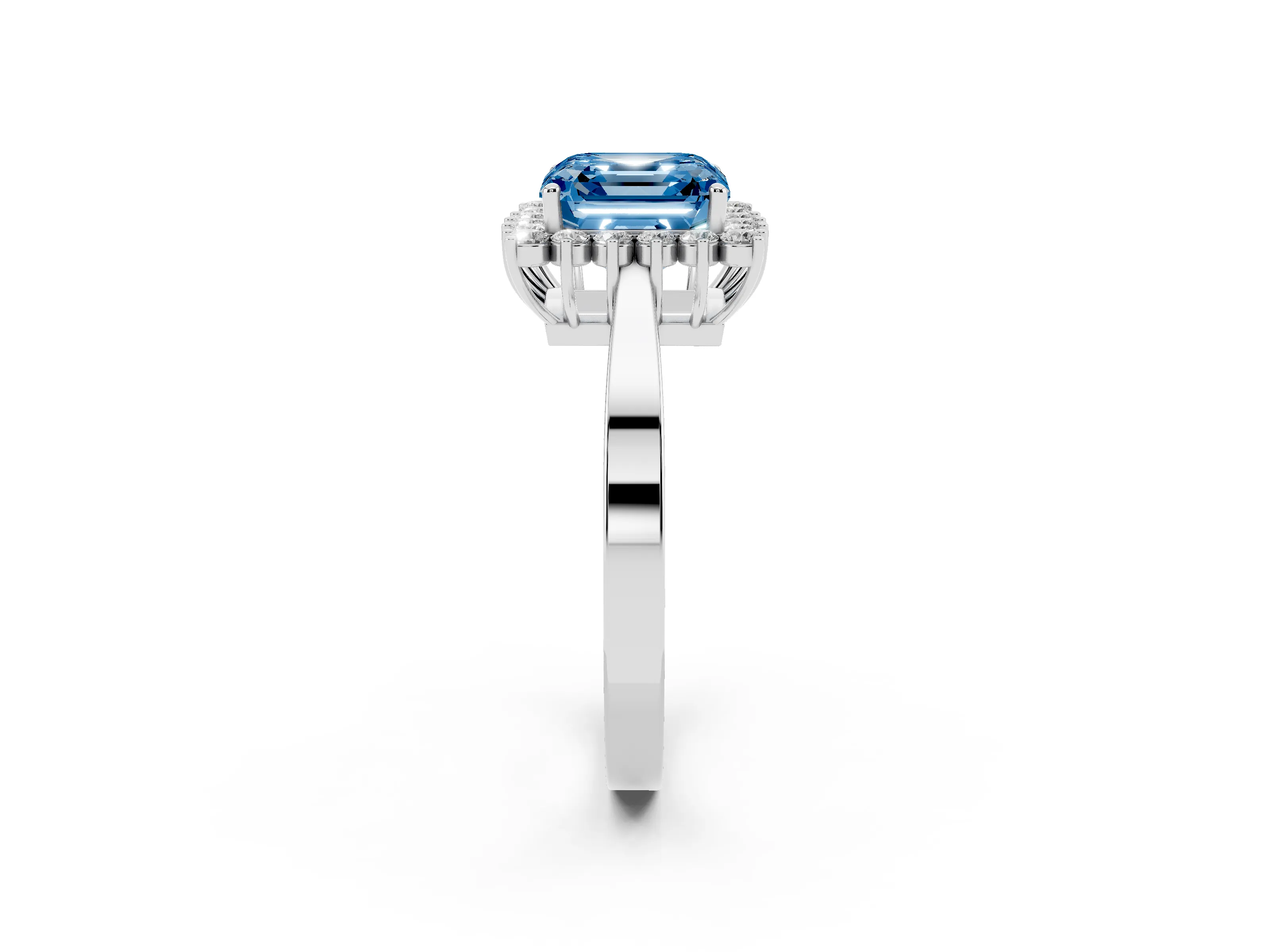 Fancy Blue Asscher Cut Diamond Halo Ring Set in Platinum with Round Halo and Smooth Solitaire Band