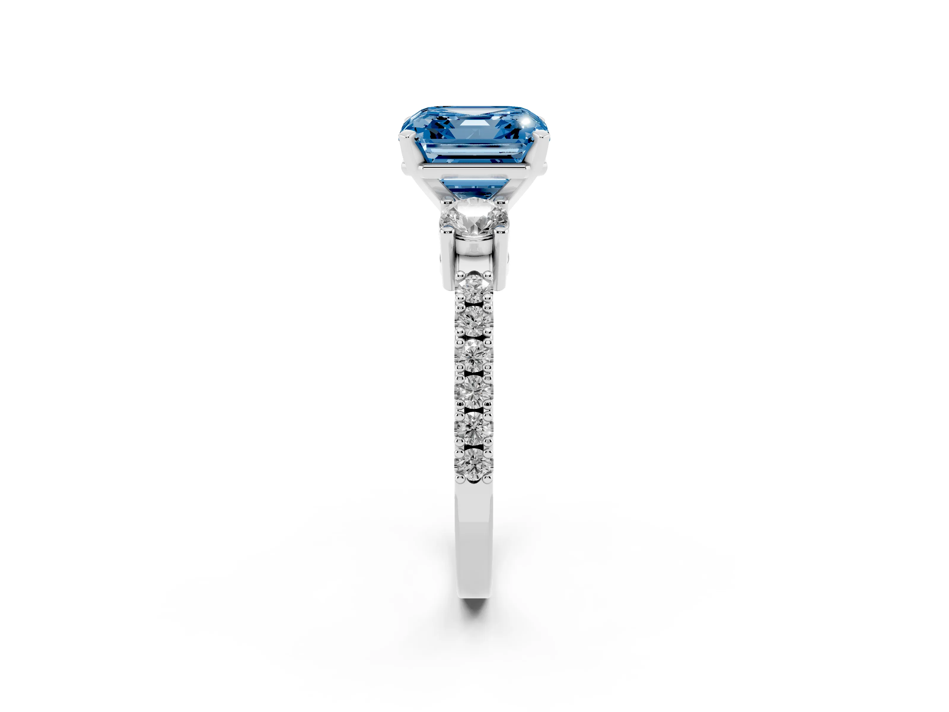 Fancy Blue Three-Stone Asscher Cut Diamond Pavé Band Ring Set in Silver with Prong Setting