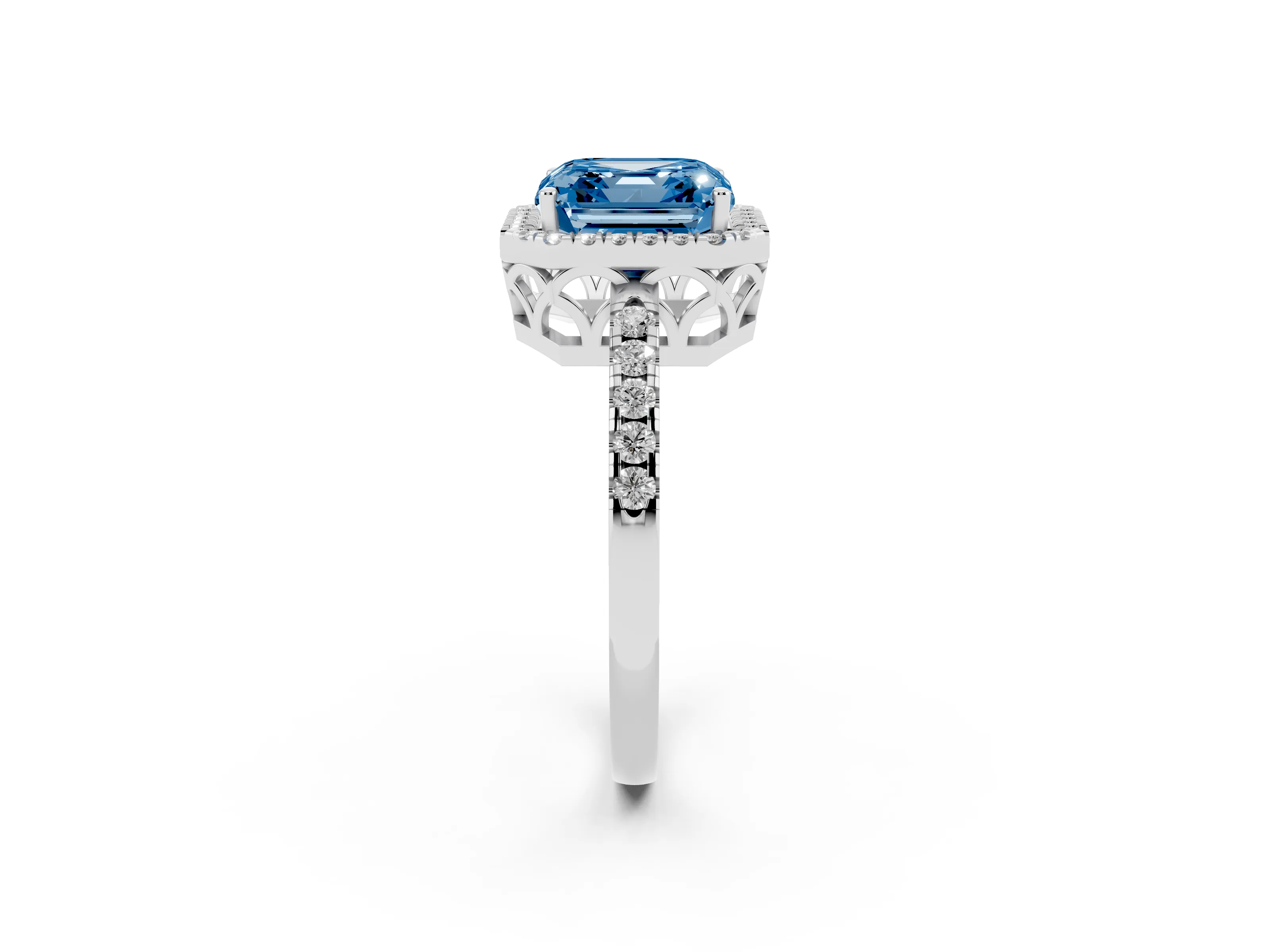 Fancy Blue Asscher Cut Diamond Pavé Band Halo Engagement Ring Set in White gold with Prong Setting