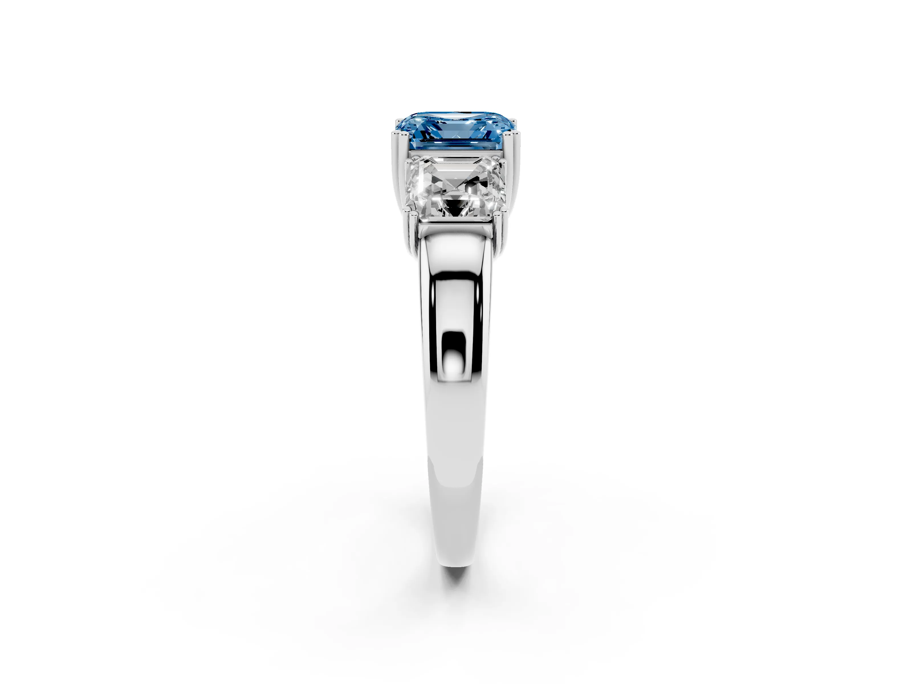 Fancy Blue Asscher Cut Diamond Three-Stone Ring Set in Silver with Polished Band and Prong Setting