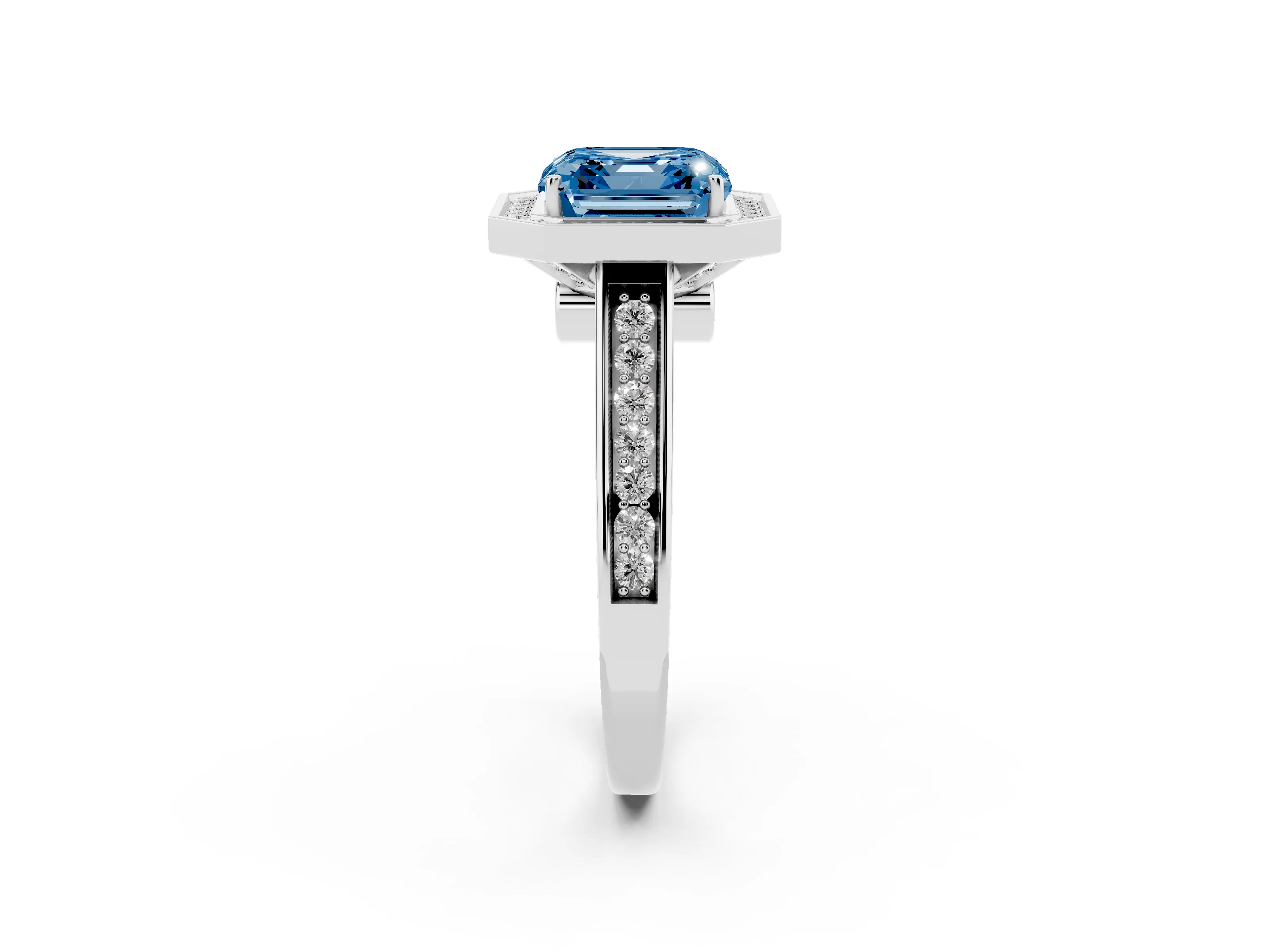 Fancy Blue Asscher Cut Diamond Halo Solitaire Ring Set in White gold with Pavé Band and Bezel Setting