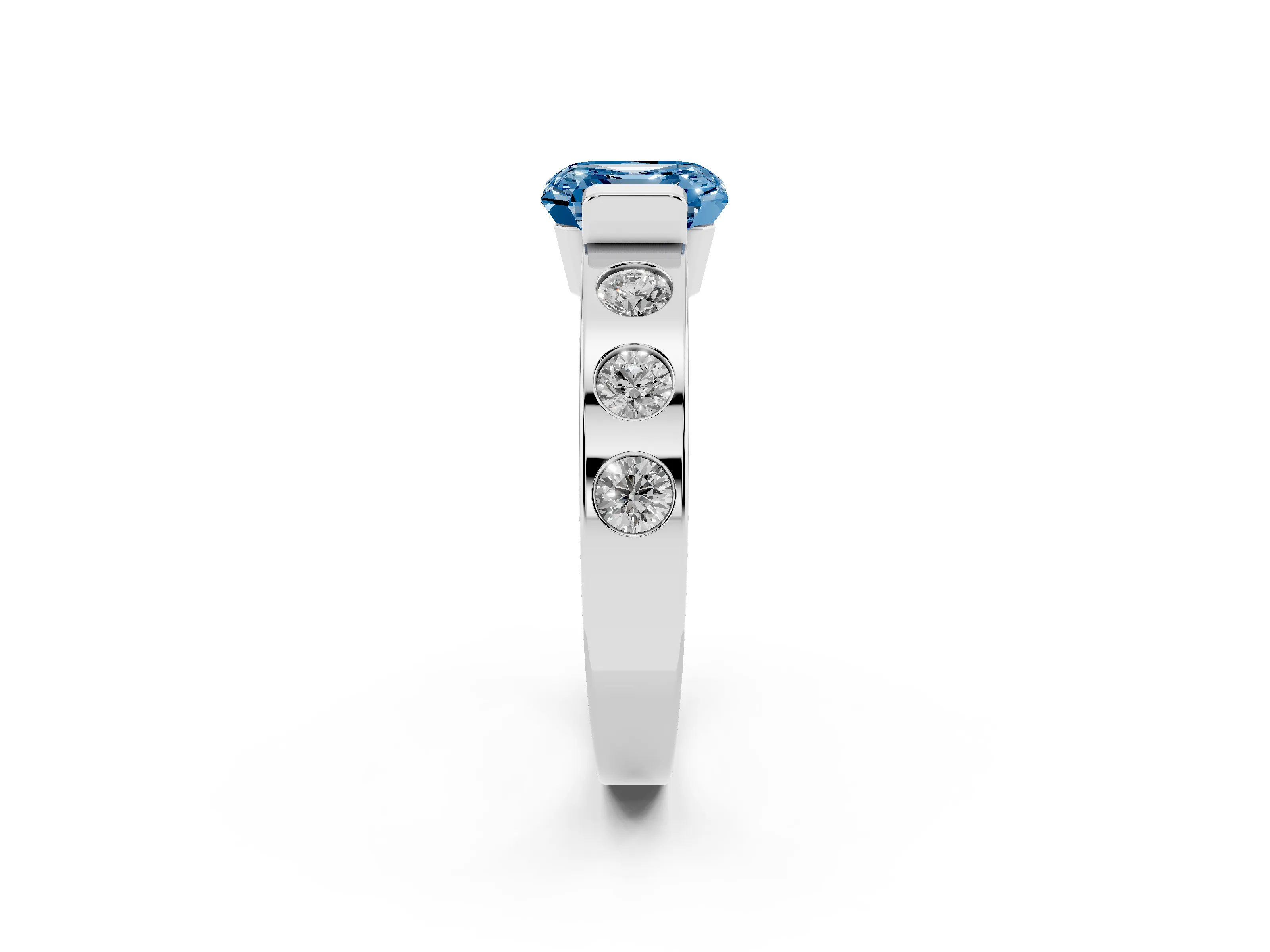 Fancy Blue Asscher Cut Diamond Channel-Set Band Ring Set in White gold with Bezel Prong Setting