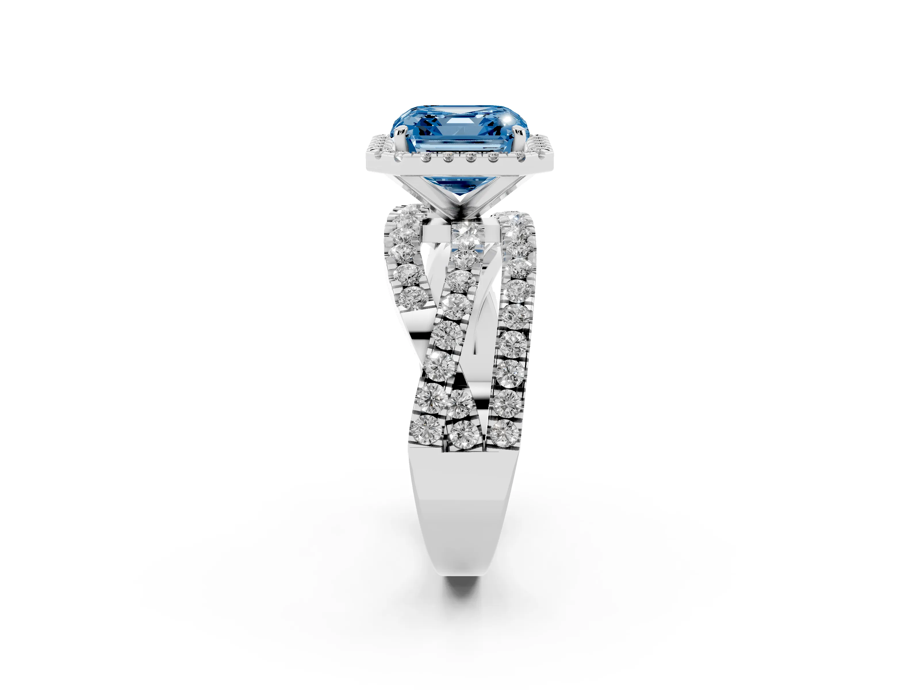 Fancy Blue Asscher Cut Diamond Halo Ring Set in White gold with Round Crossover Split Shank and Prong Setting