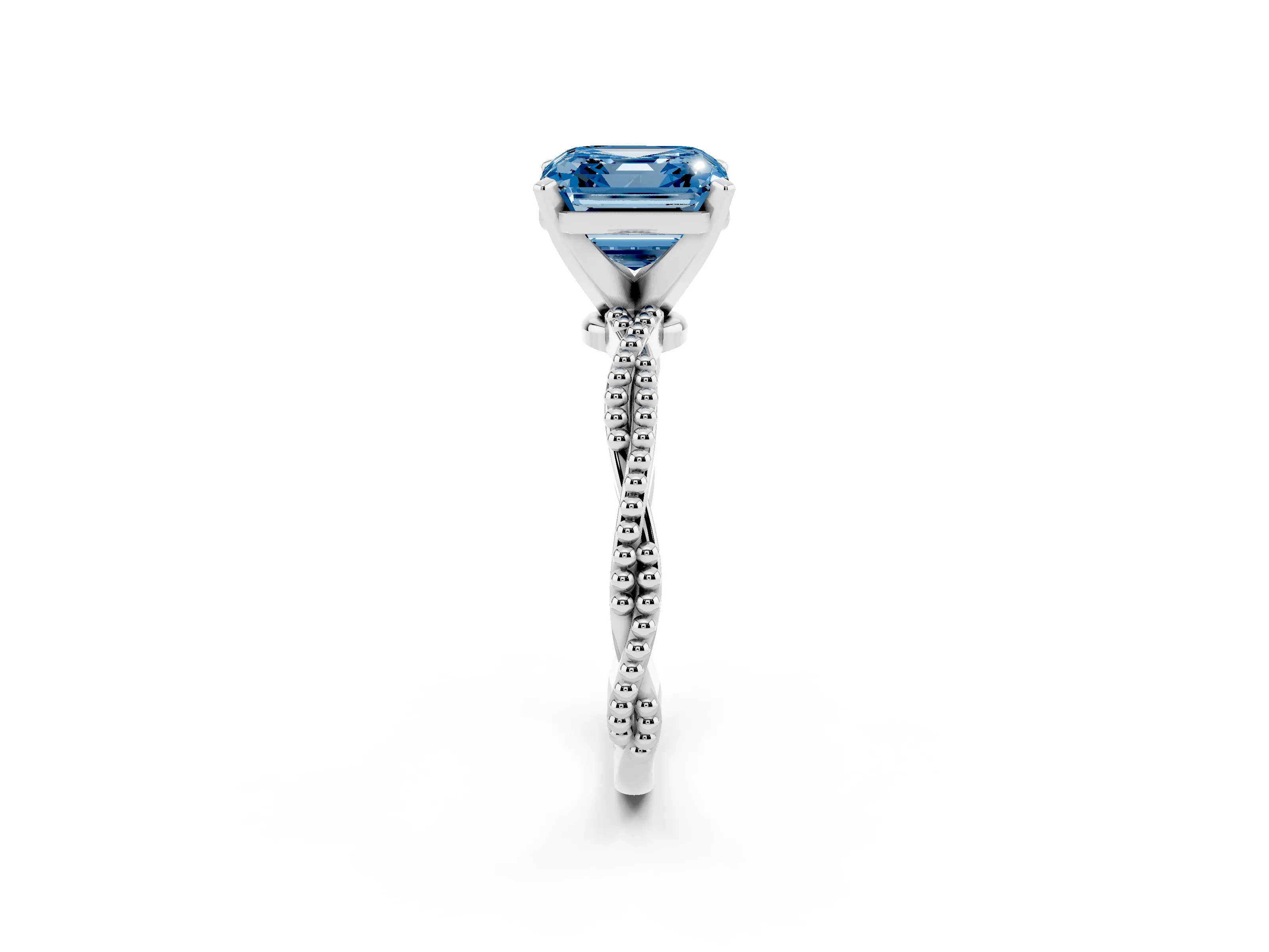 Fancy Blue Asscher Cut Diamond Solitaire Ring Set in Silver with Twisted Band and Bead Prong Setting