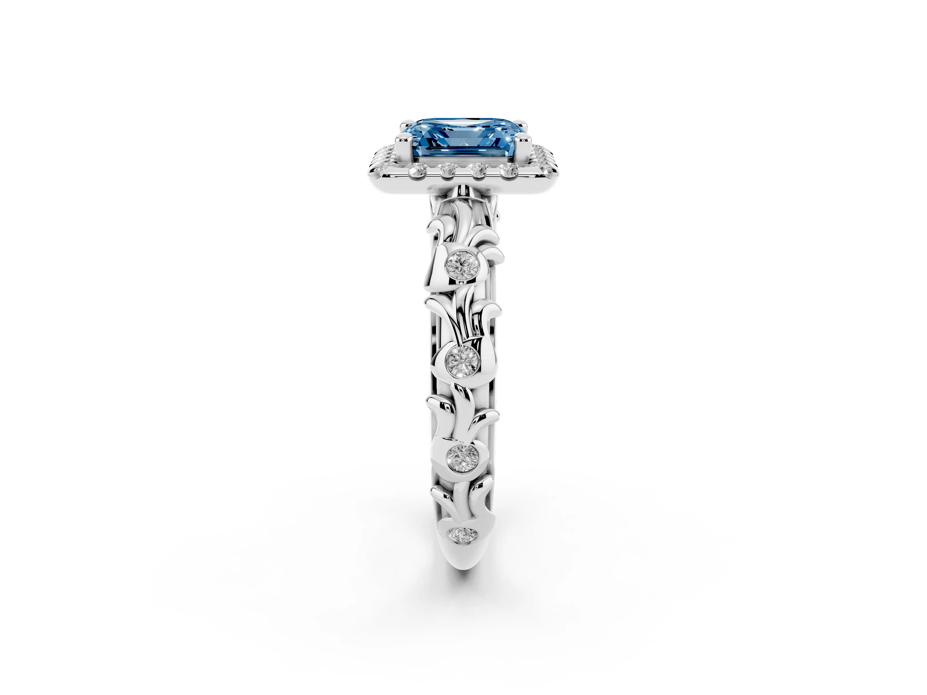 Fancy Blue Asscher Cut Diamond Halo Ring Set in White gold with Filigree Leaf Band and Prong Setting