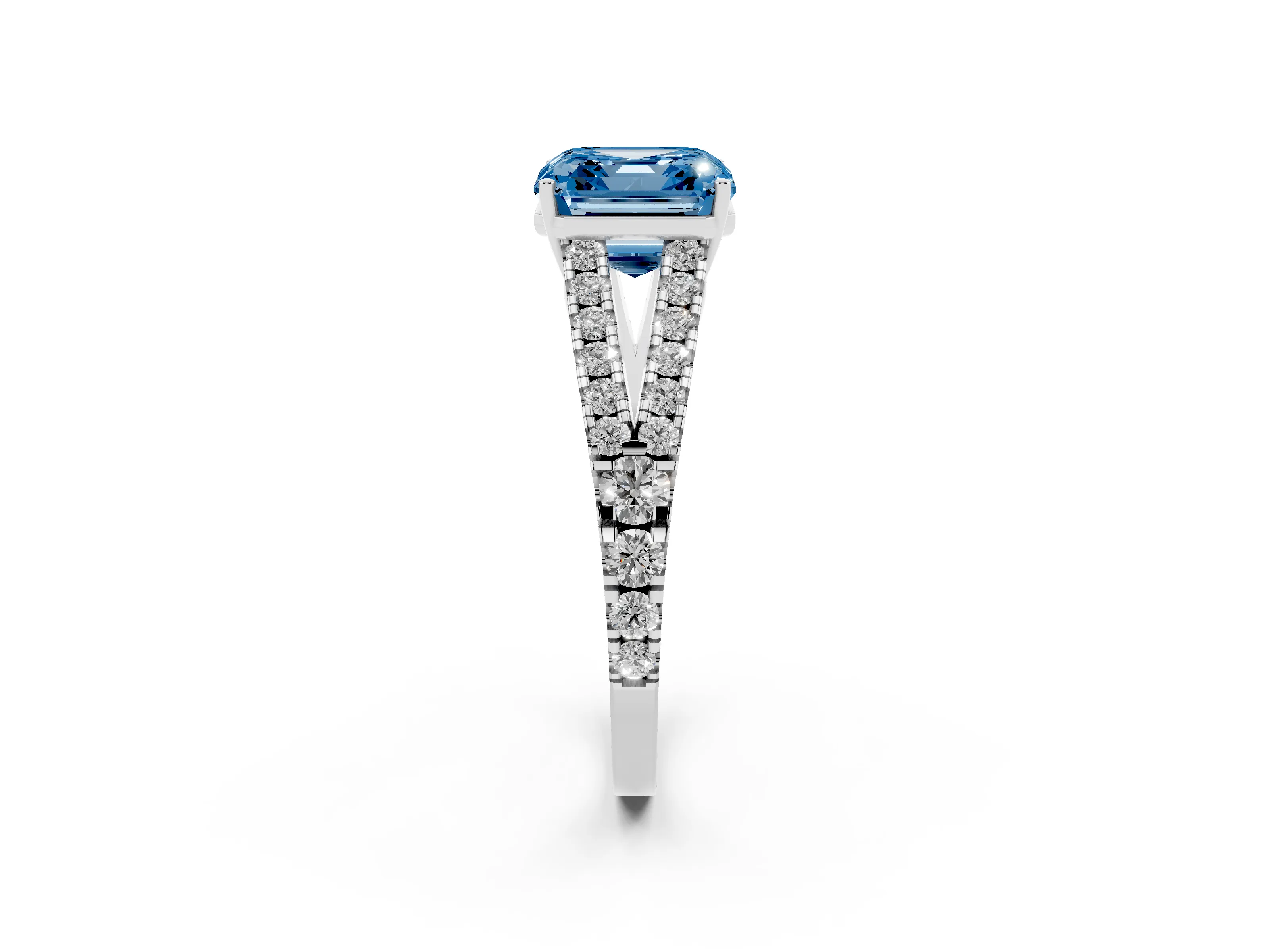 Fancy Blue Asscher Cut Diamond Split Shank Pavé Engagement Ring Set in Platinum with Prong-Held Center Stone