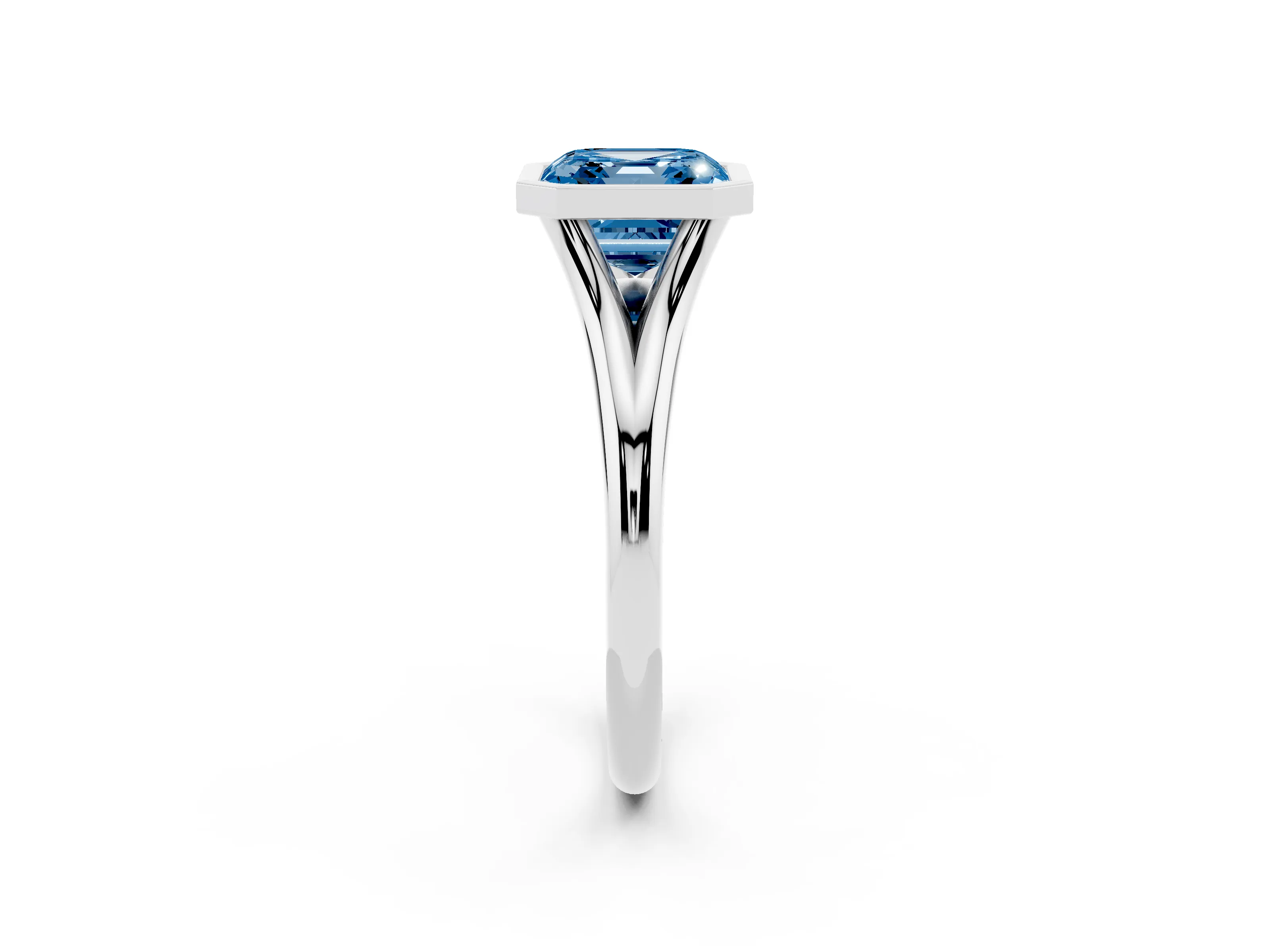 Fancy Blue Bezel Set Asscher Cut Diamond Solitaire Ring Set in Platinum with Tapered Band