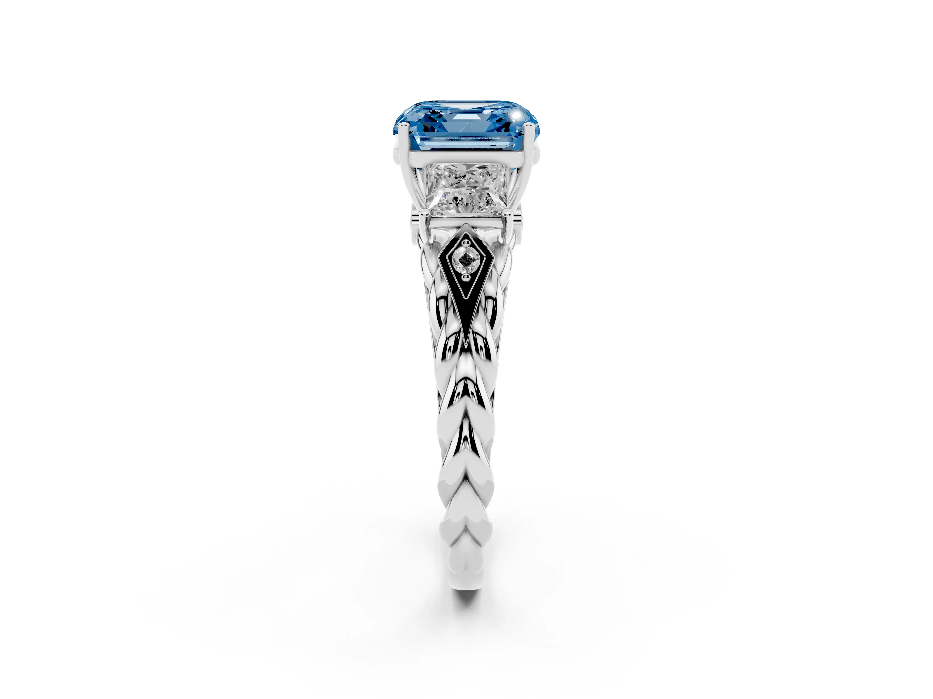 Fancy Blue Asscher Cut Diamond Three-Stone Ring Set in White gold with Braided Band