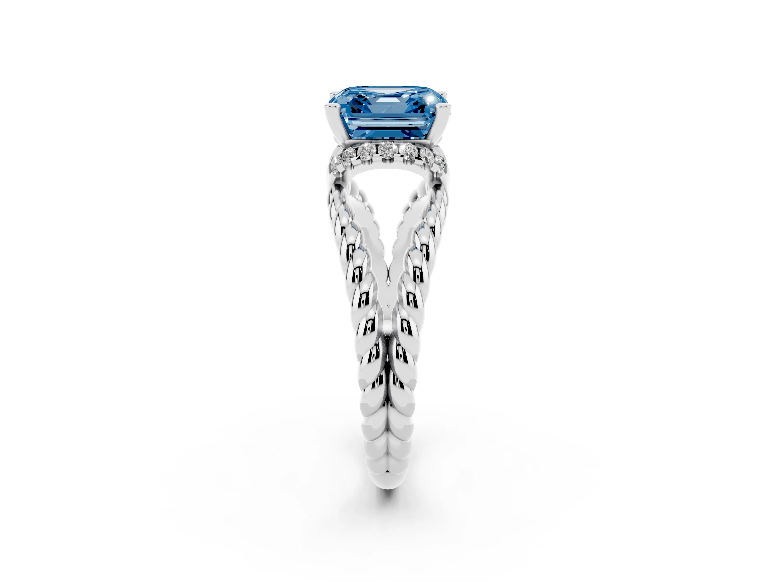Fancy Blue Asscher Cut Diamond Halo Ring Set in White gold with Twisted Band and Prong Setting